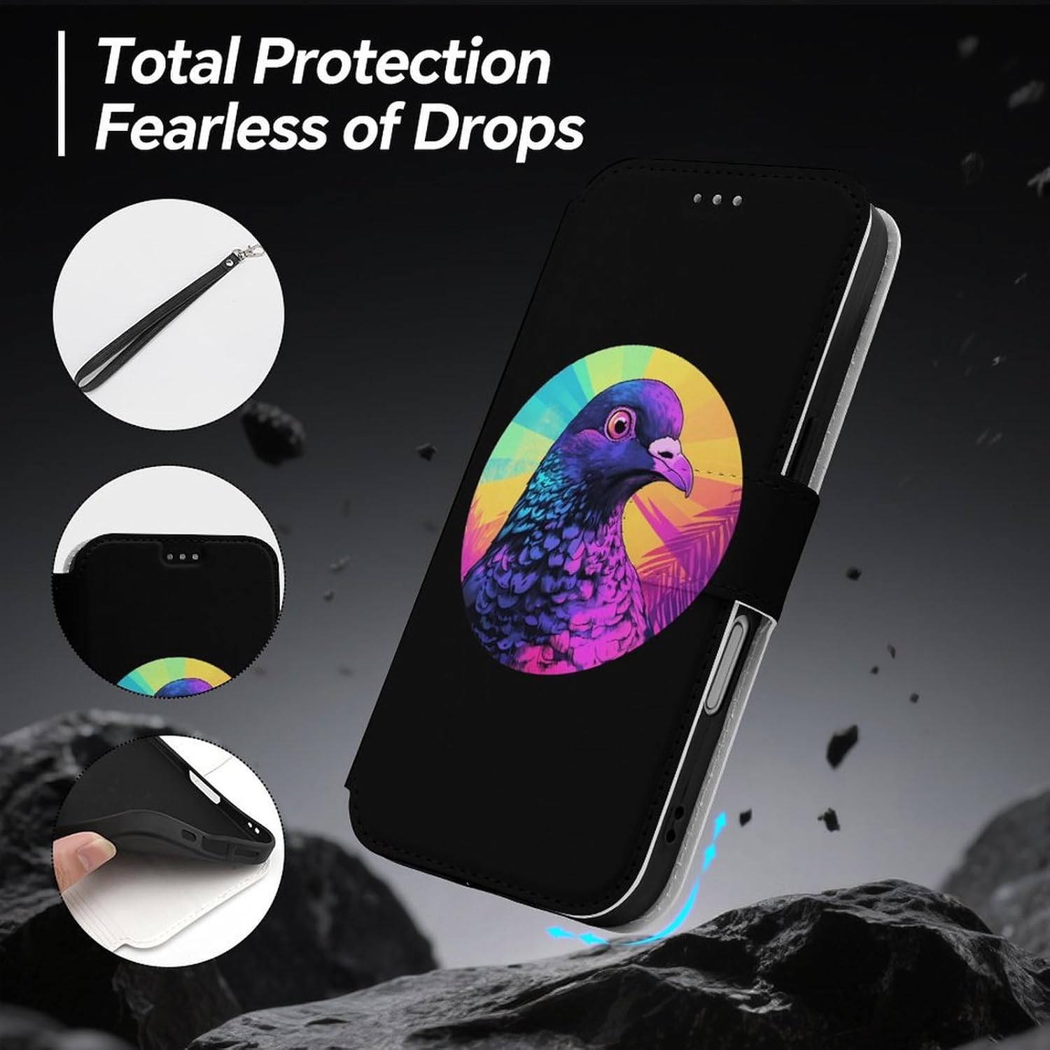 Vintage Pigeon 90s Compatible with iPhone 16/16 Plus/16 Pro/16 Pro Max/16 E Case Phone Wallet Card Holder Flip Cover with Wrist Strap