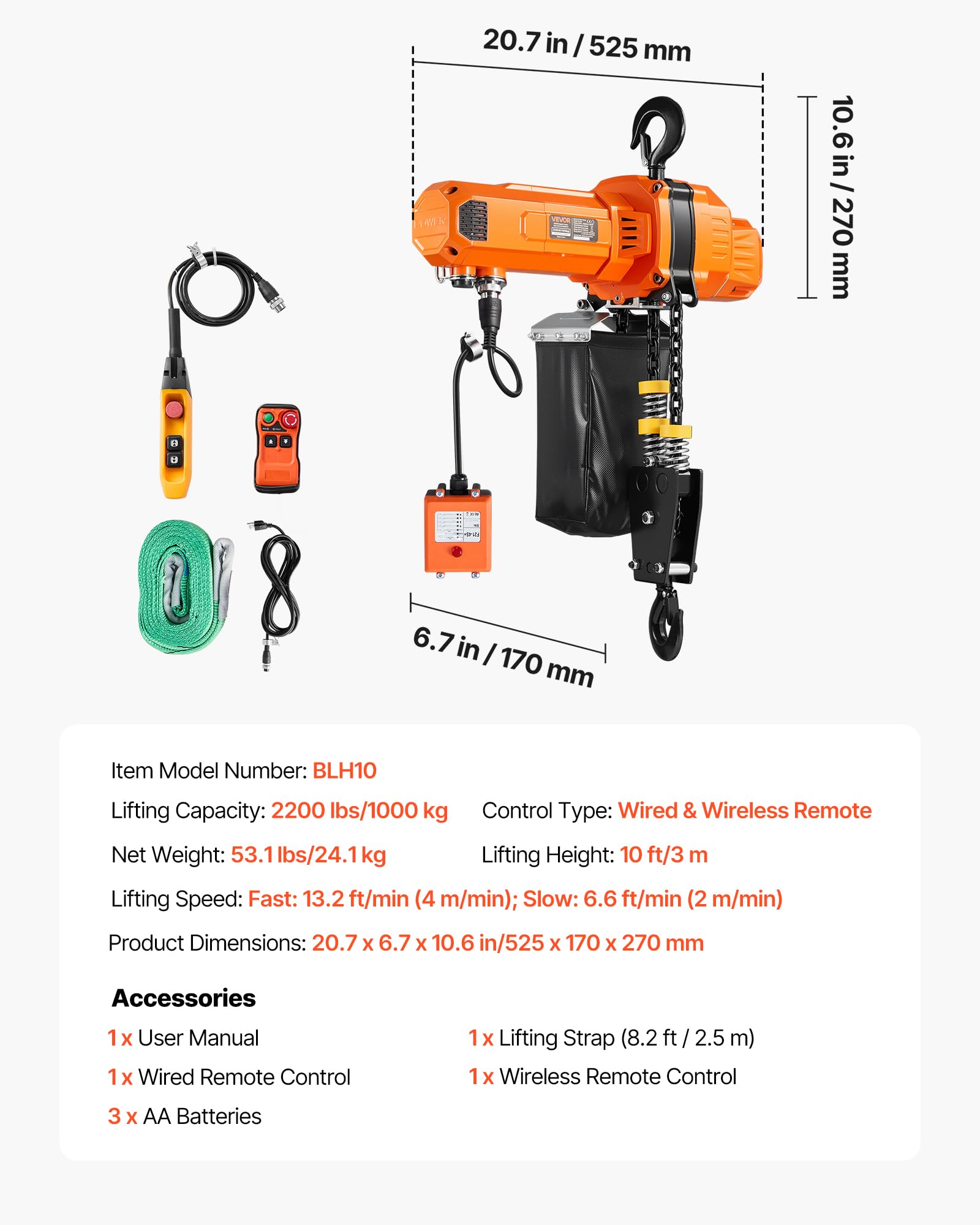 VEVOR Elektrischer Kettenzug 1000 kg 3 m Hubhöhe 230 V Einphasen-Brückenkran mit Funk- & Kabelfernbedienung Notstopp
