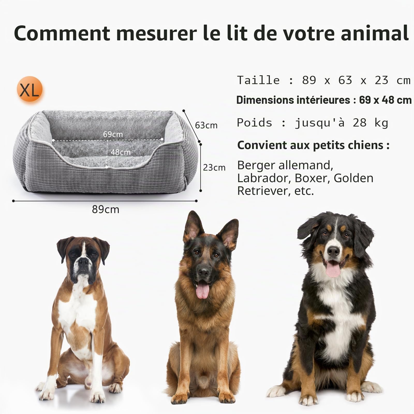 JOEJOY Panier pour Chien, Lit pour Chien Grande Taille, Panier pour Chien Lavable, Bords Rehaussés, Duveteux & Confortable, Coussin pour Chien Antidérapant, Gris XL 89x63x23cm
