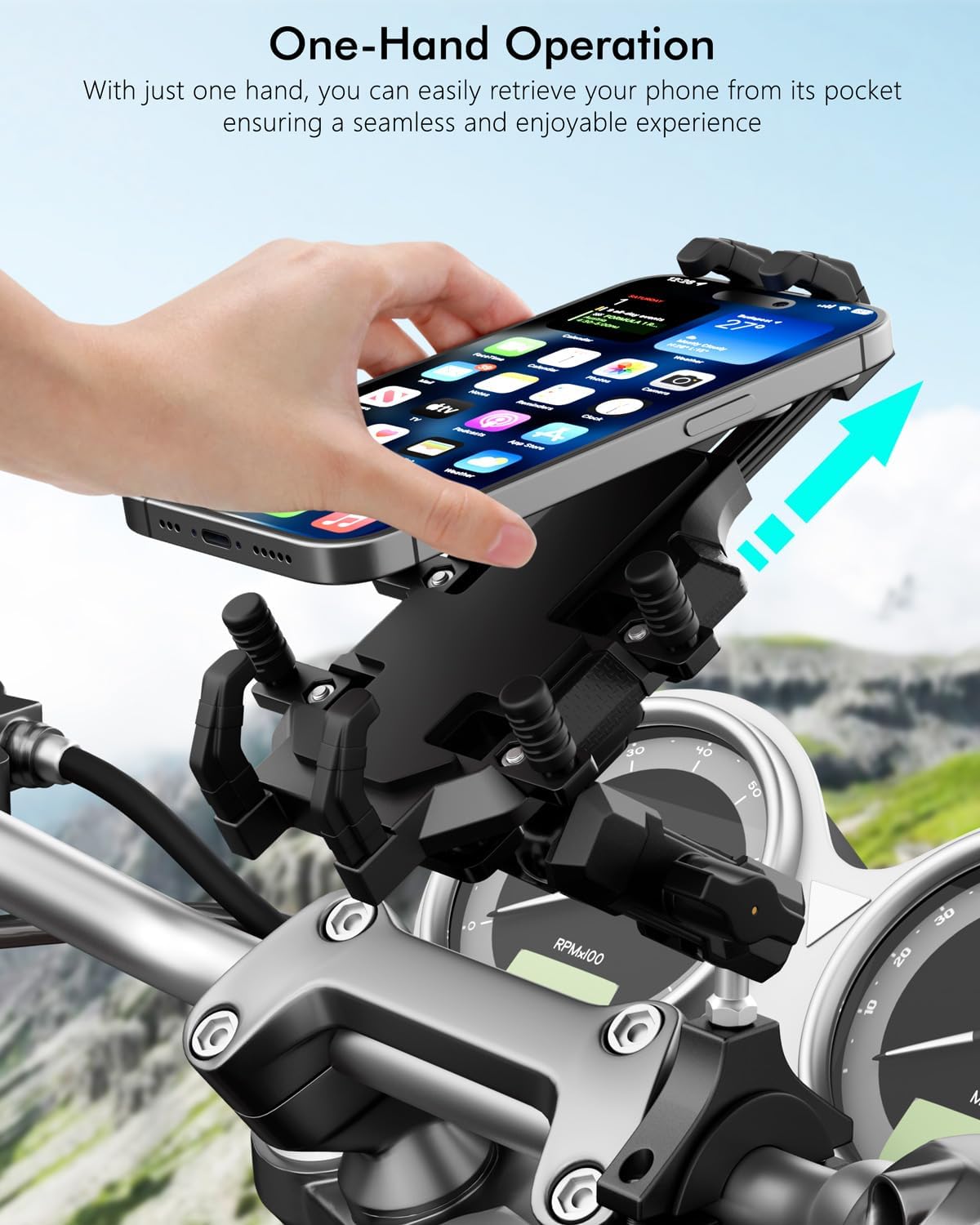 Hamdril UTV ATV Motorcycle Bike Phone Mount with Shock-Absorbing Cushion Module, Suitable for 0.76-2-in Roll Bar. The UTV Phone Holder Supports 720° Rotation at Any Angle, One-Hand Operation.