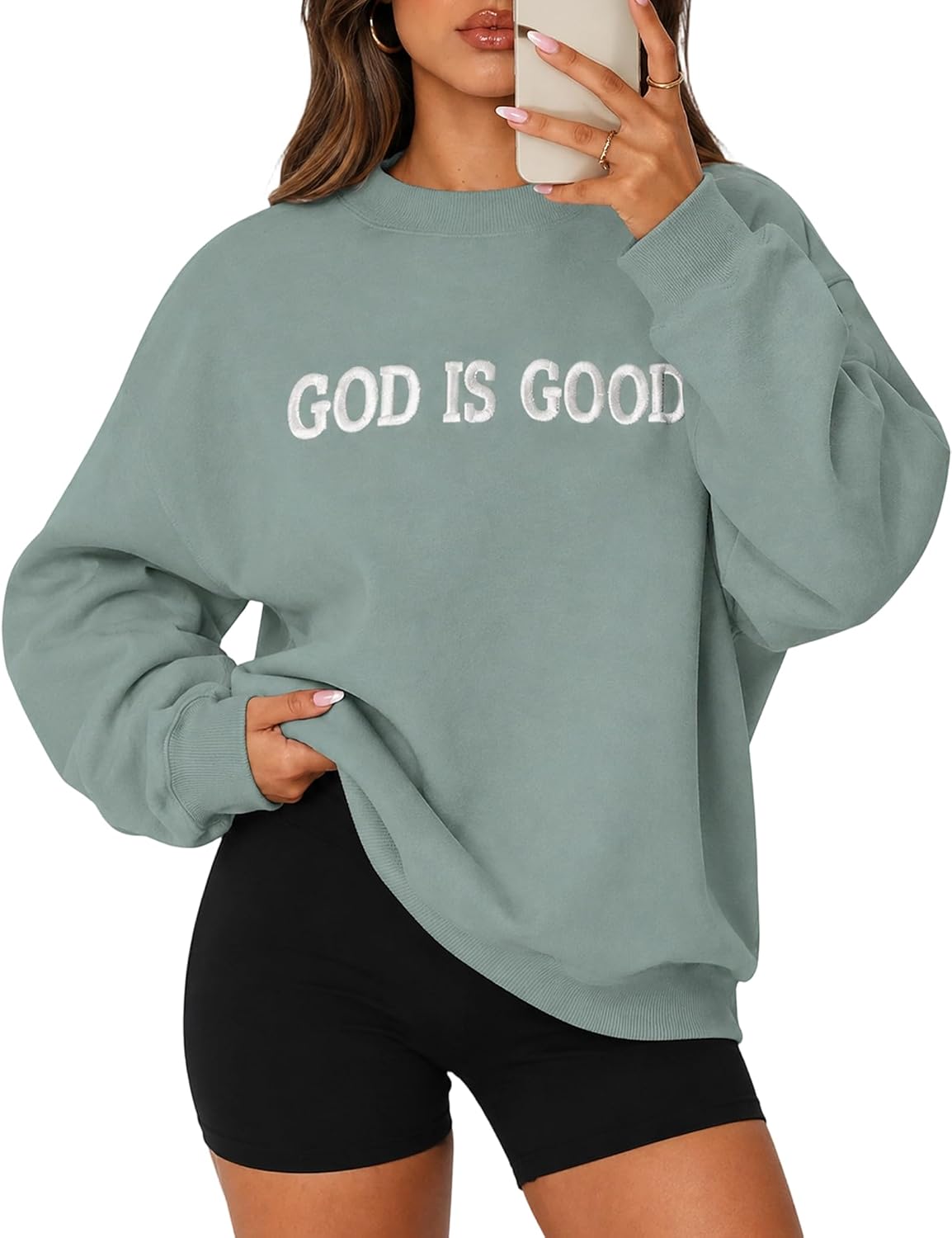 Oversize Christian Sweatshirt Women Embroidered God Is Good Fleece Pullover