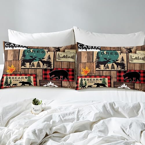 Miniatura 4 de Erosebridal Juego de sábanas de cabaña retro de aventura rústica, oso, ciervo, caza, vida silvestre, animales salvajes, juego de sábanas a cuadros