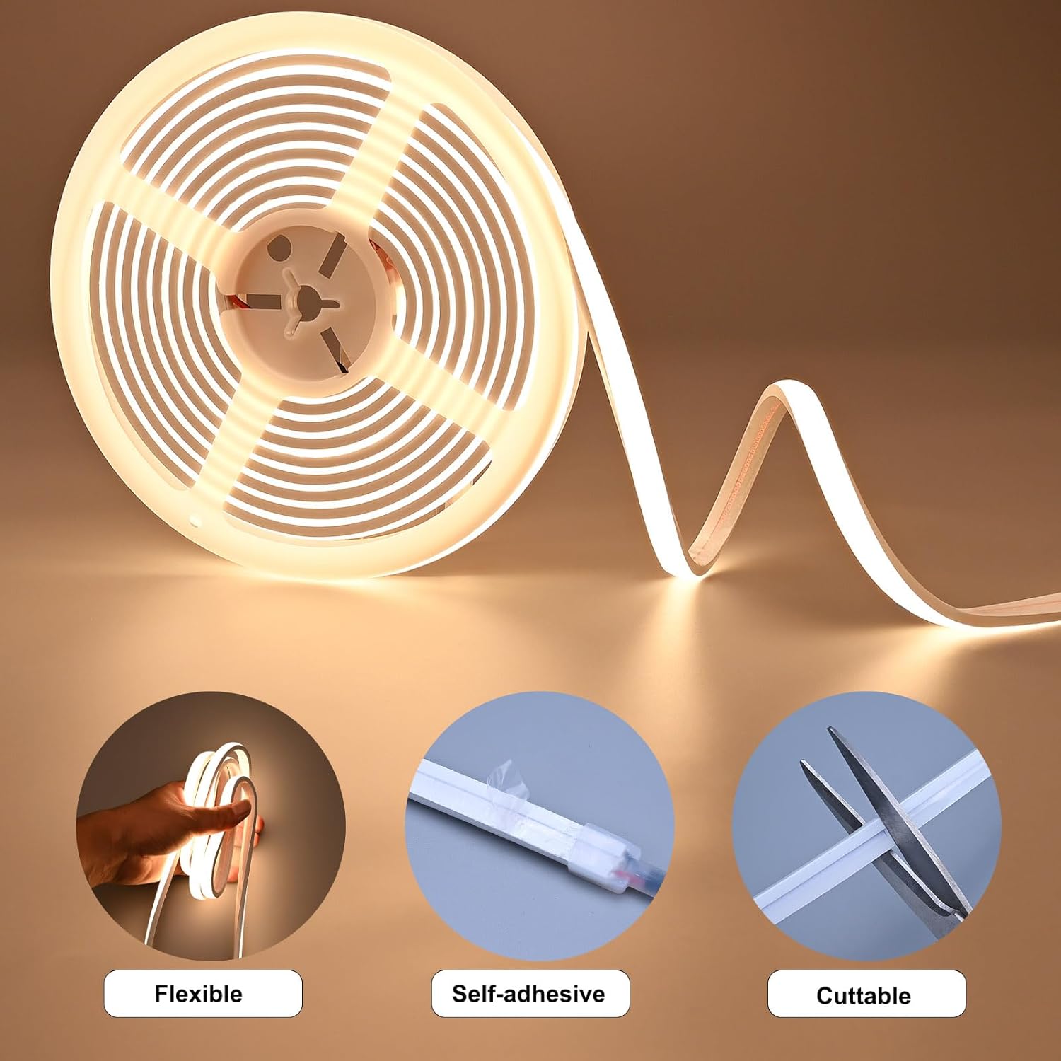 24V COB LED Strip Light 16.4ft Warm White 3000K, 230LM/ft, IP67 Waterproof Outdoor, High CRI>93, Self-Adhesive Highlight Architecture, Accent Bars & Gardens