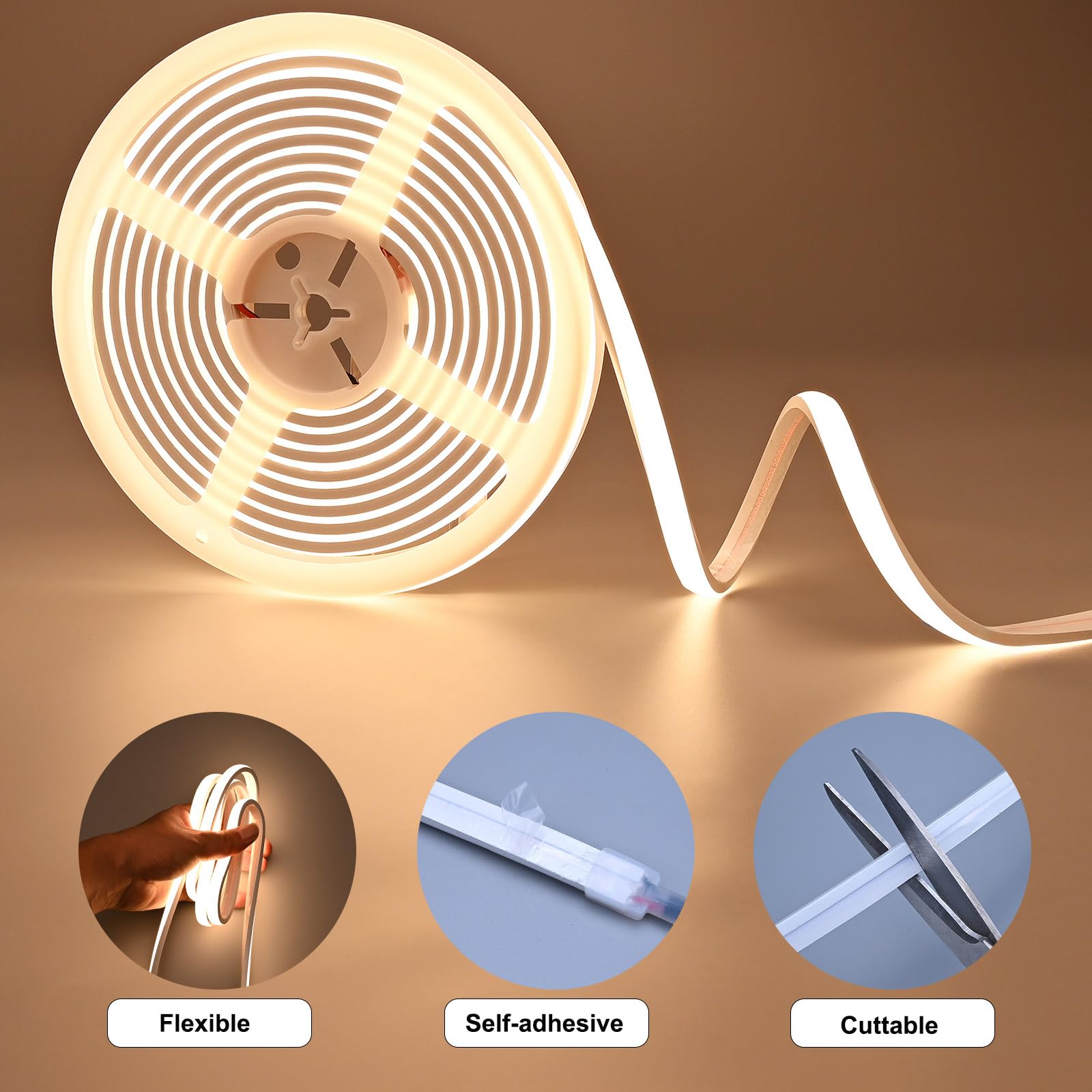 Ruban LED COB 5M Blanc Chaud 3000K Etanche, Bande LED 24V Diffusé Haute Luminosité 800LM/M, CRI>93, 10.5W/M, Découpable, Autocollante pour Décoration DIY Intérieur/Extérieur