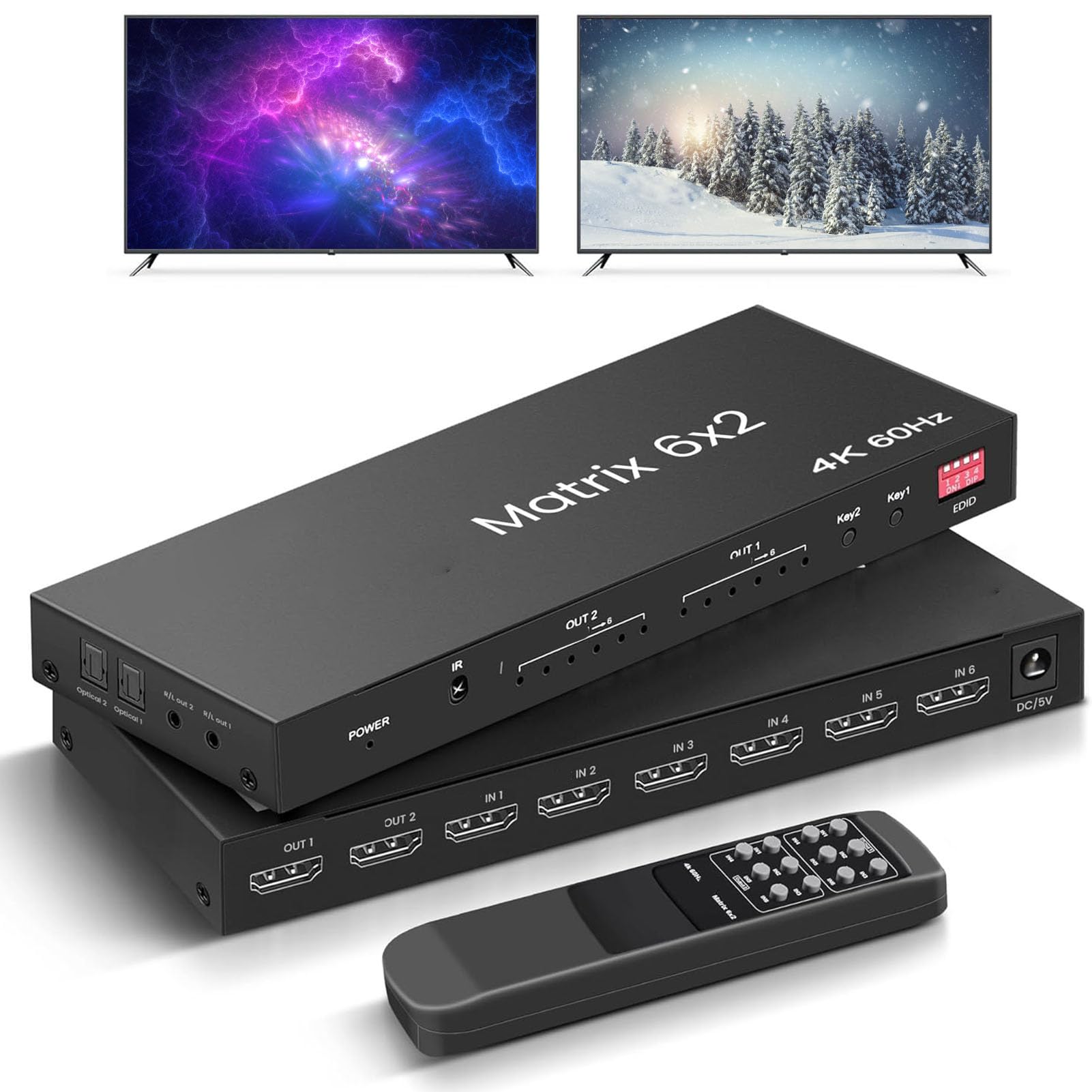 Lazmin112 Commutateur Multiviewer 6x2, Commutateur 4K 60 Hz avec Bande Passante de 18 Gbit/s, Gestion EDID, Double Sortie Optique SPDIF et Sorties AUX 3,5 Mm, pour TV, PC, Consoles de (Prise UE)