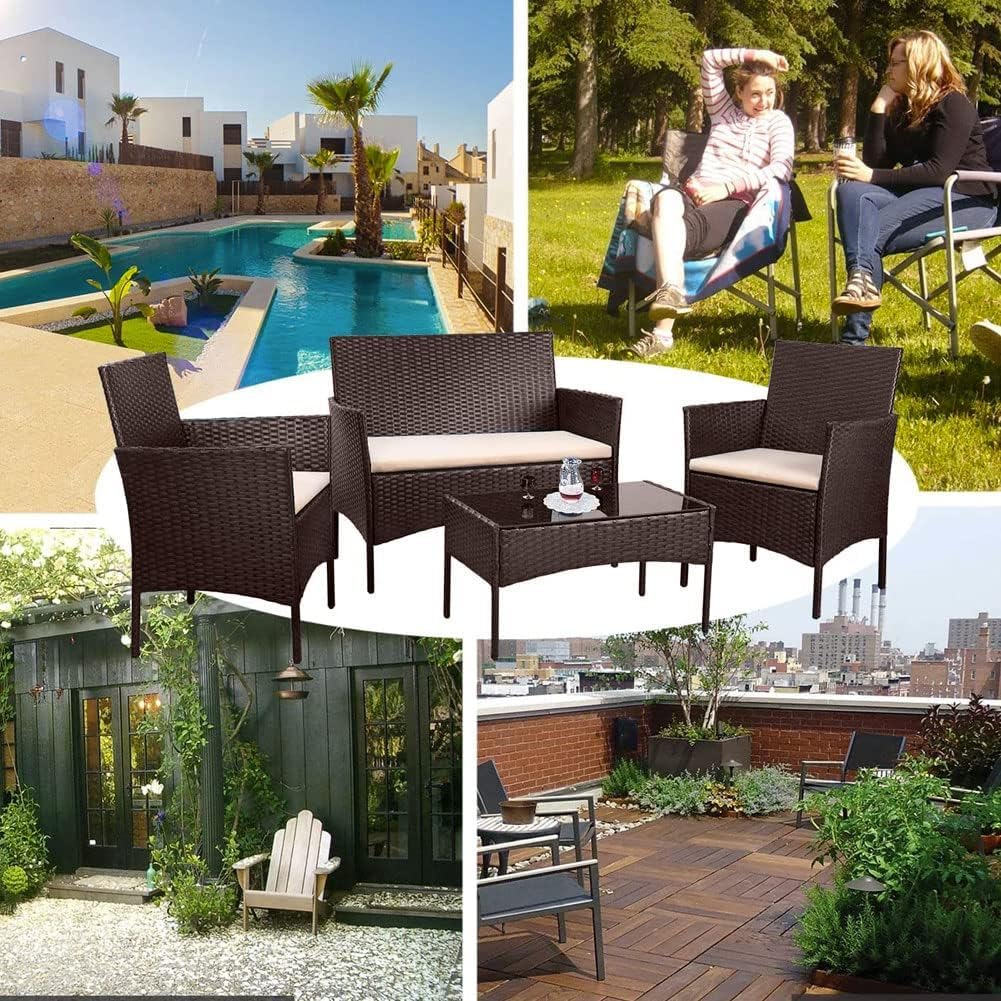 BAKAJI Set Salotto Completo di Divano 2 Poltrone e Tavolino in Vetro e Rattan Struttura in Acciaio Zincato con Cuscini Sfoderabili Arredo Giardino Terrazzo Design Moderno Colore Marrone