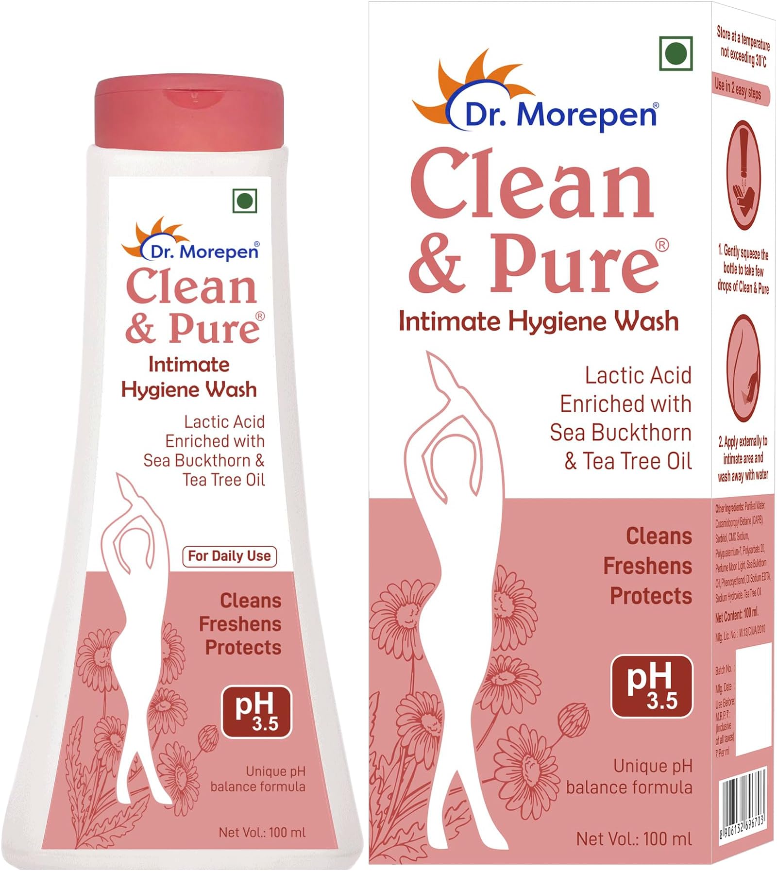 DR. MOREPEN Clean & Pure Intimate Wash For Women Enriched With Tea Tree Oil & Sea Buckthorns | pH Balance | SLES And Paraben Free Hygiene Wash - 100ml