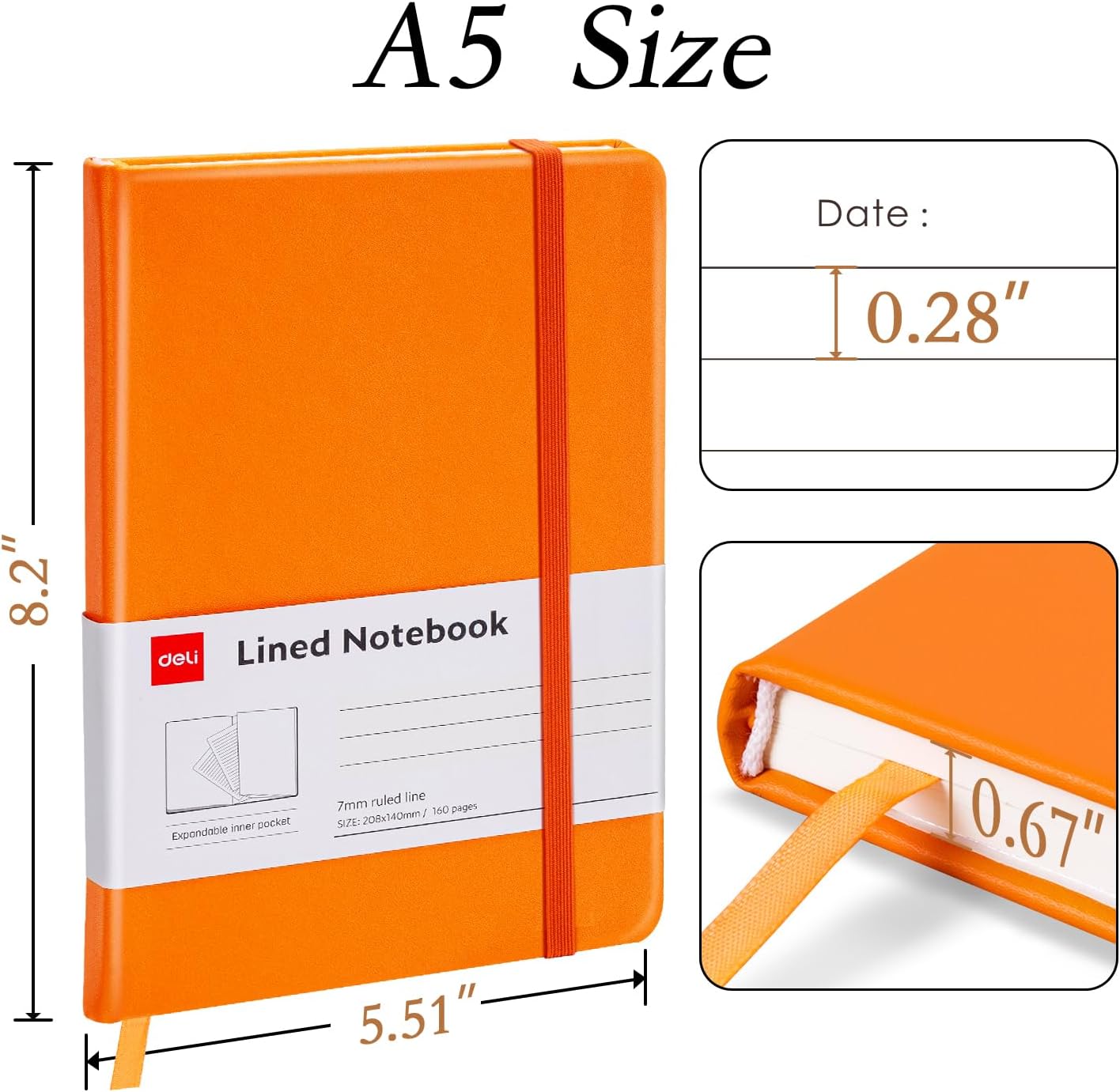deli A5 Lined Journal Notebook, 160 Pages Hardcover Writing Notebook, 5.5"x8.2" College Ruled Notebook for Office, School, Work Notes (Orange) image 3