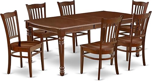 East West Furniture DOGR7-MAH-W - Juego de mesa de comedor de 7 piezas consta de una mesa de cocina rectangular con hojas de mariposa y 6 sillas de
