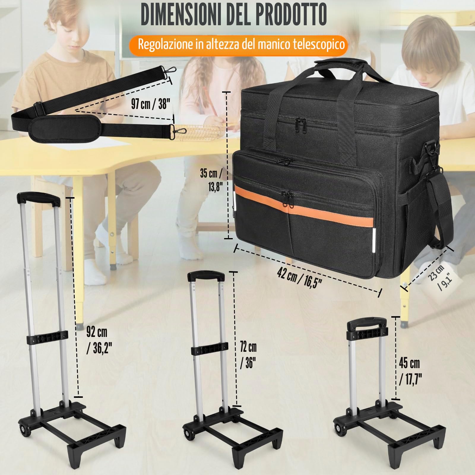 SUNDOY Rolling Insegnante, borsa da lavoro per insegnanti, con scomparto espandibile, per laptop fino a 17,3 pollici, Nero + marrone., 42x23x35-ZM, Puglia