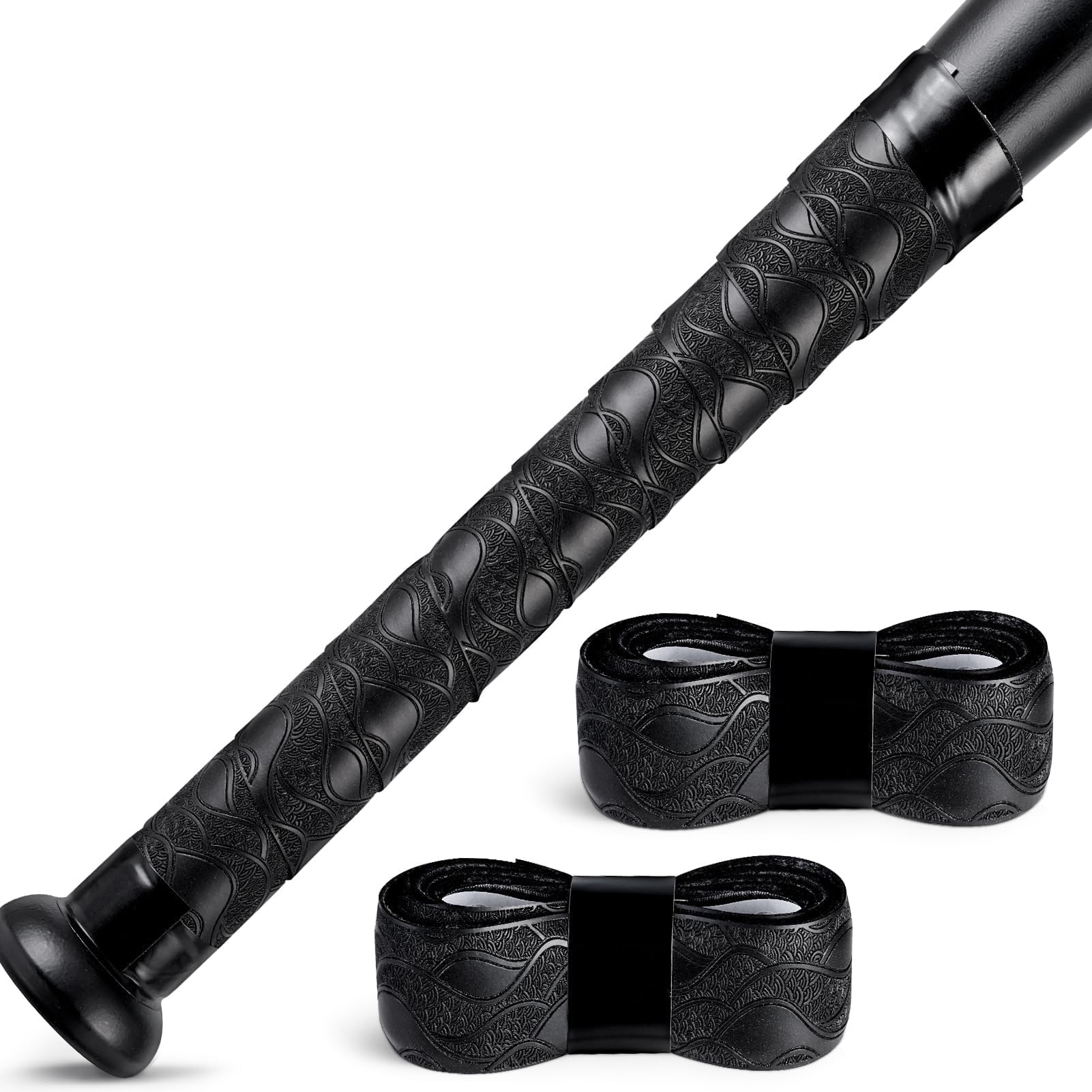 2PCS Baseball Bat Grip Tape 1.5mm Precut and Full Adhesive Softball Grip Tape,Non-Slip Baseball Bat Wrap Tapes Batting Tapes Replacement (Pure Black)