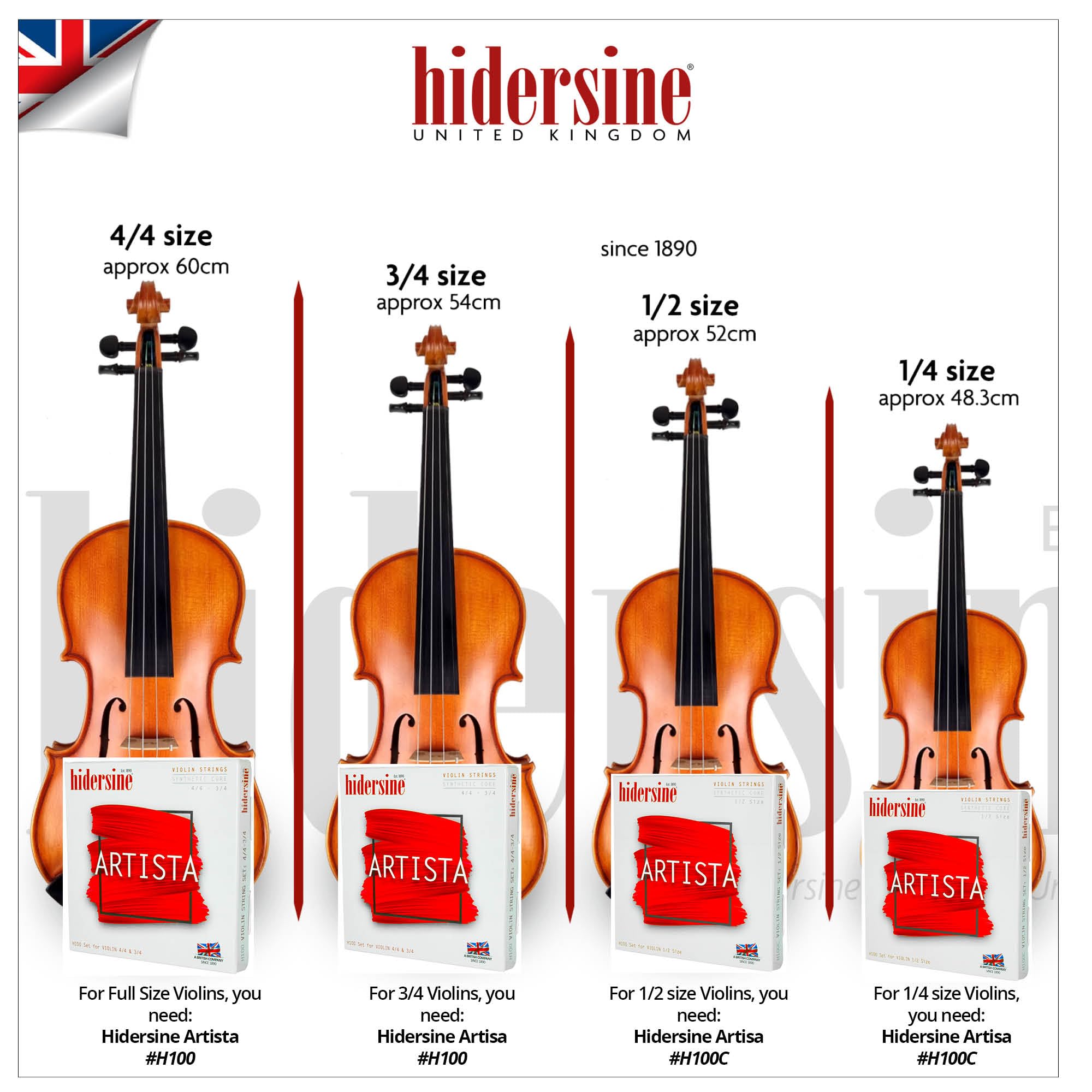 Hidersine Artista - Juego de cuerdas para violín, núcleo sintético, tamaño 4/4-3/4, para estudiantes de violín intermedios y avanzados