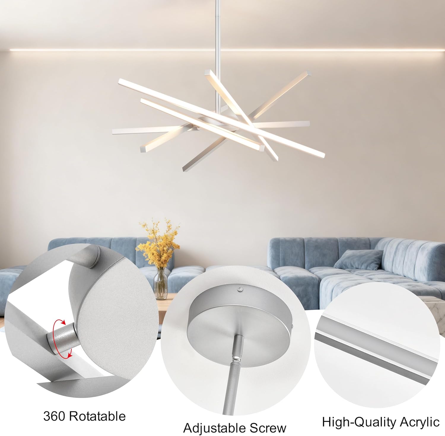 Modern Silver Chandeliers Ceiling 36W LED Pendant Light Embedded Mount Chandeliers，LED 6-Lights Linear Pendant Light for Kitchen Island Dining Room Bedroom Living Room Entryway，L23.62"*0.59"/6