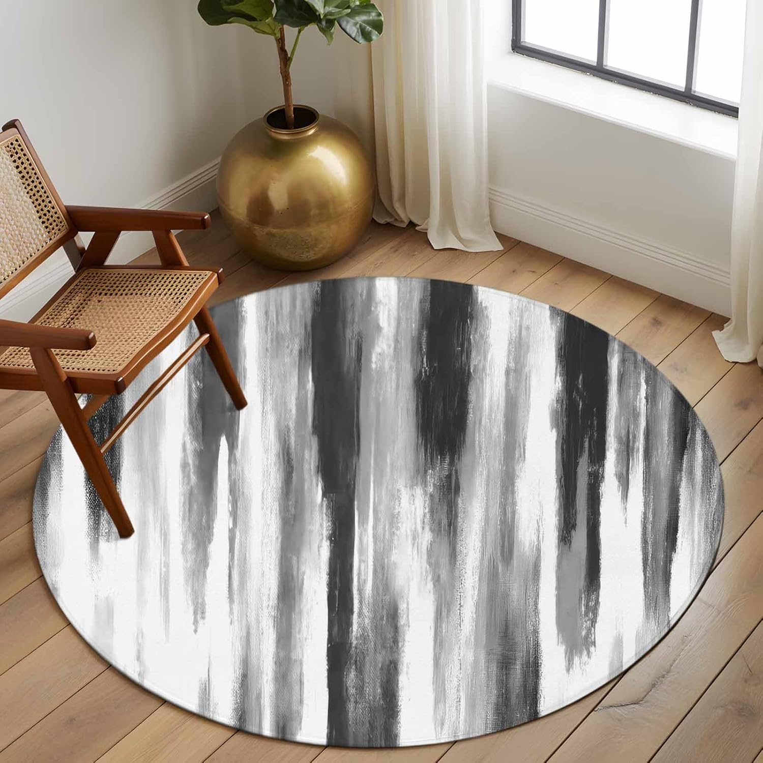 Black Gray White Round Rug 5ft Washable Circle Kitchen Rugs Non Slip Vintage Rustic Abstract Ombre Aesthetic Large Area Rug Indoor Floor Carpet for Bedroom Living Room Home Office Dining Room Nursery