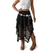 Womens Lace Long Skirts Elastic Western Skirt Asymmetrical Layered Hem Flowy Boho Skirt See-Through Floral Beach Maxi Skirt