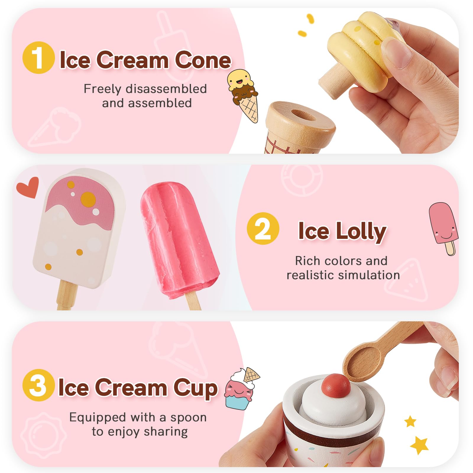 HERSITY Jouet Glacier en Bois pour Enfant avec Stand de Glace, Accessoires Cuisine Desserts Jeu Educatif Enfants Jouet Cadeau pour Garçon Fille 2 Ans+ (‎Rose)