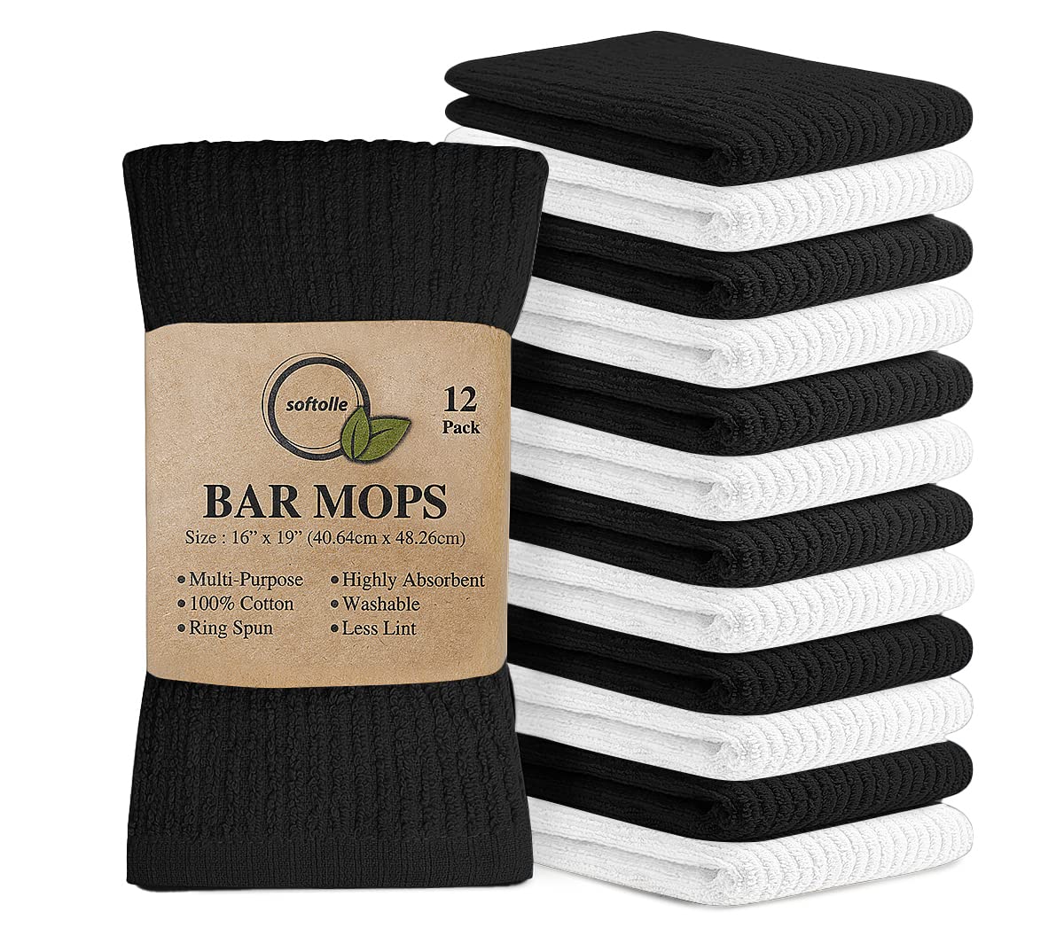 Softolle Kitchen Towels - Pack of 12, 16x19 Inches, 100% Cotton White, Super Absorbent Bar Towels, Multi-Purpose for Home, Kitchen and Bar Cleaning (White-Black)