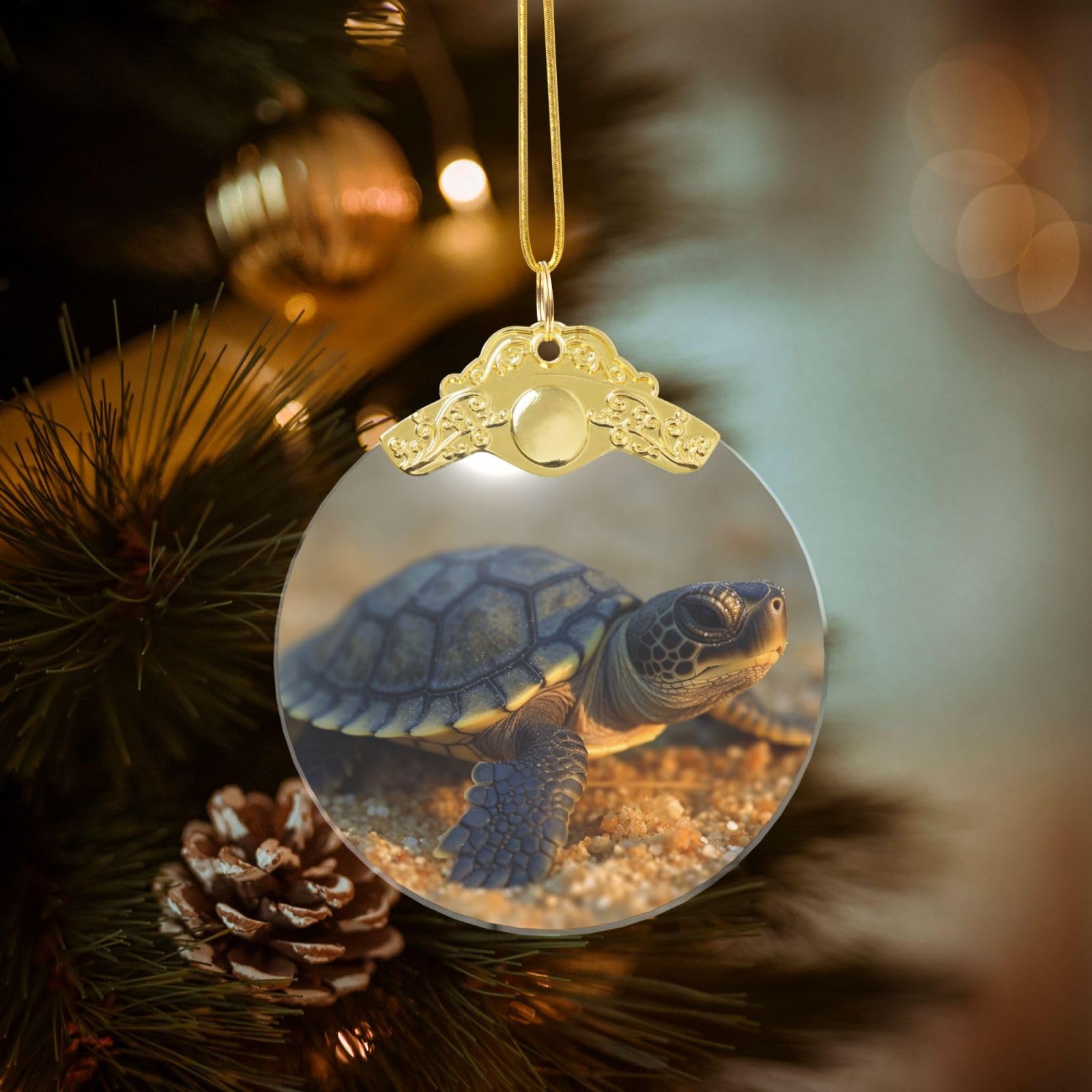 Crystal Christmas Ornaments for Christmas Tree Decoration Hanging Baby Turtle Ornament with Gold Ribbon Crafts Round Pendant for Keepsake Gifts Glass Xmas Decor Party Supplies