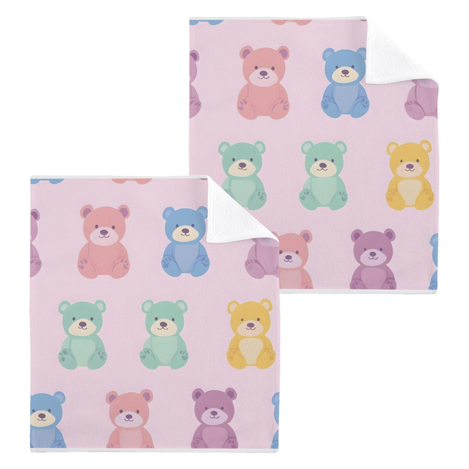 ALAZA Wash Cloth Set 100% Cotton Fingertip Towels Face Cloths Sets Corolful Bear Pink Highly Absorbent Soft Feel Set of 2