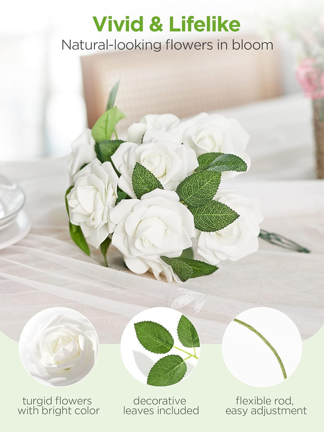 InnoGear Artificial Flowers, 50 Pcs Faux Flowers Fake Flowers White Roses Perfect for DIY Wedding Bouquets Centerpieces Bridal Shower Party Home Flower Arrangement Decorations : Home & Kitchen