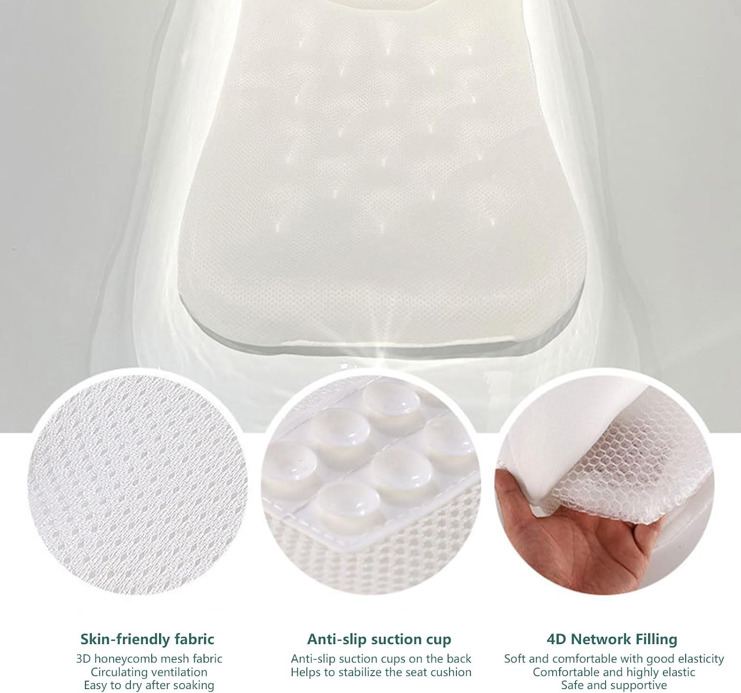 Long Bath Cushion Nonslip Strong Suction Cups Accent Secure Stability Easy Place Any Position Tub Use for Adults Pregnancy Bath Pillow
