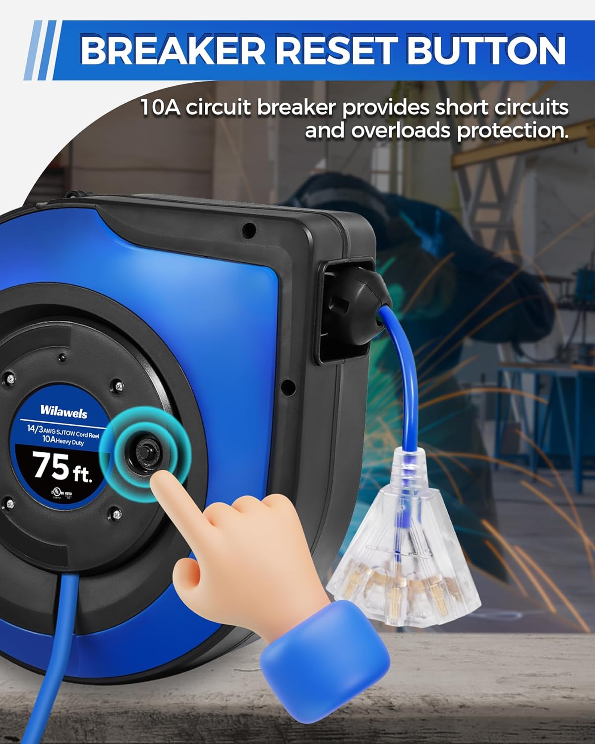 Retractable Cord Reel，3 Grounded Outlets Lighted Triple Tap，75 FT & 40 FT，bundle U75CR06-U40CR06