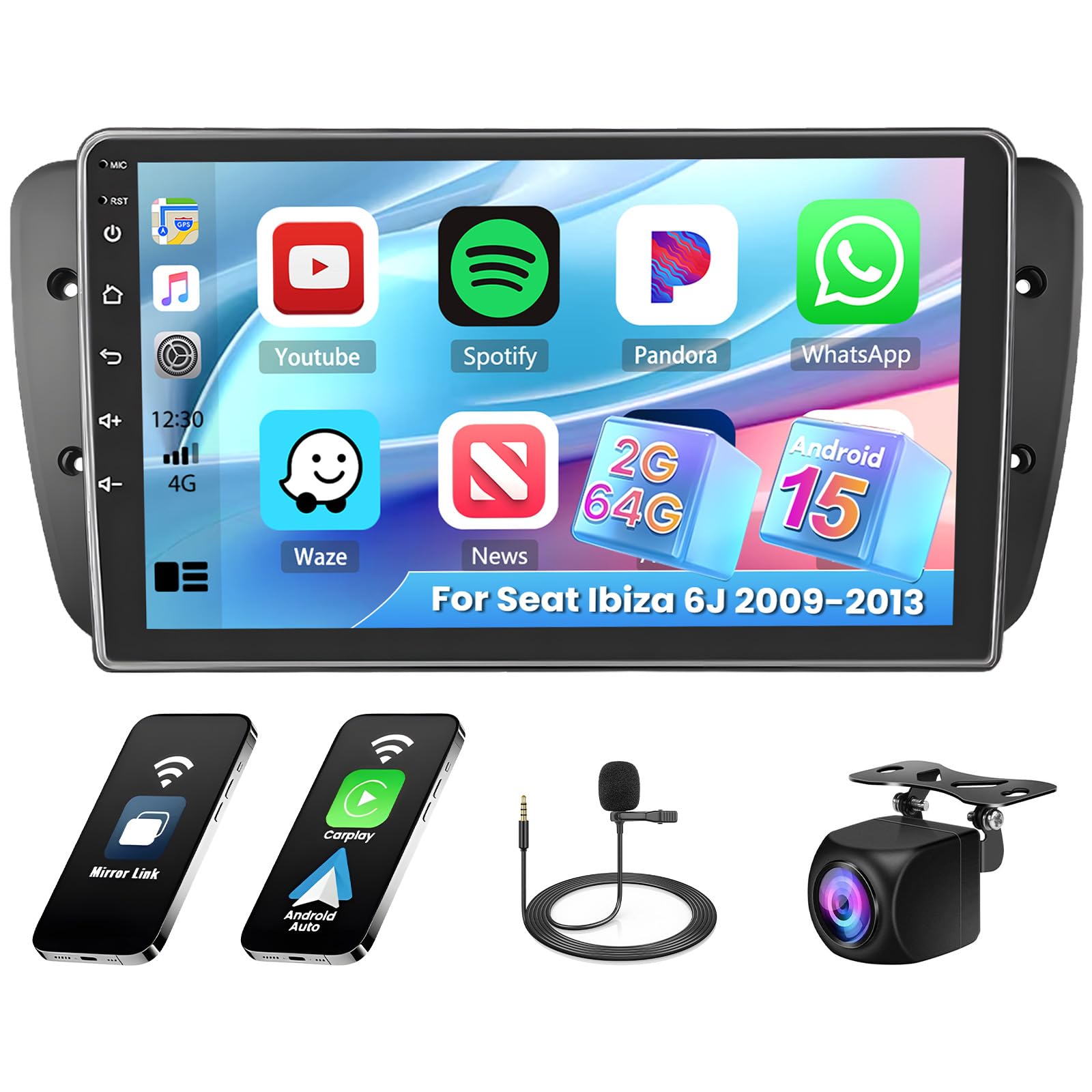 Inefala autoradio voor Seat Ibiza 6J 2009-2013, 2G 64G, draadloos CarPlay & Android Auto, 9 touchscreen autoradio Bluetooth 2 Din met GPS/WiFi/RDS/FM/EQ/SWC microfoon achteruitrijcamera