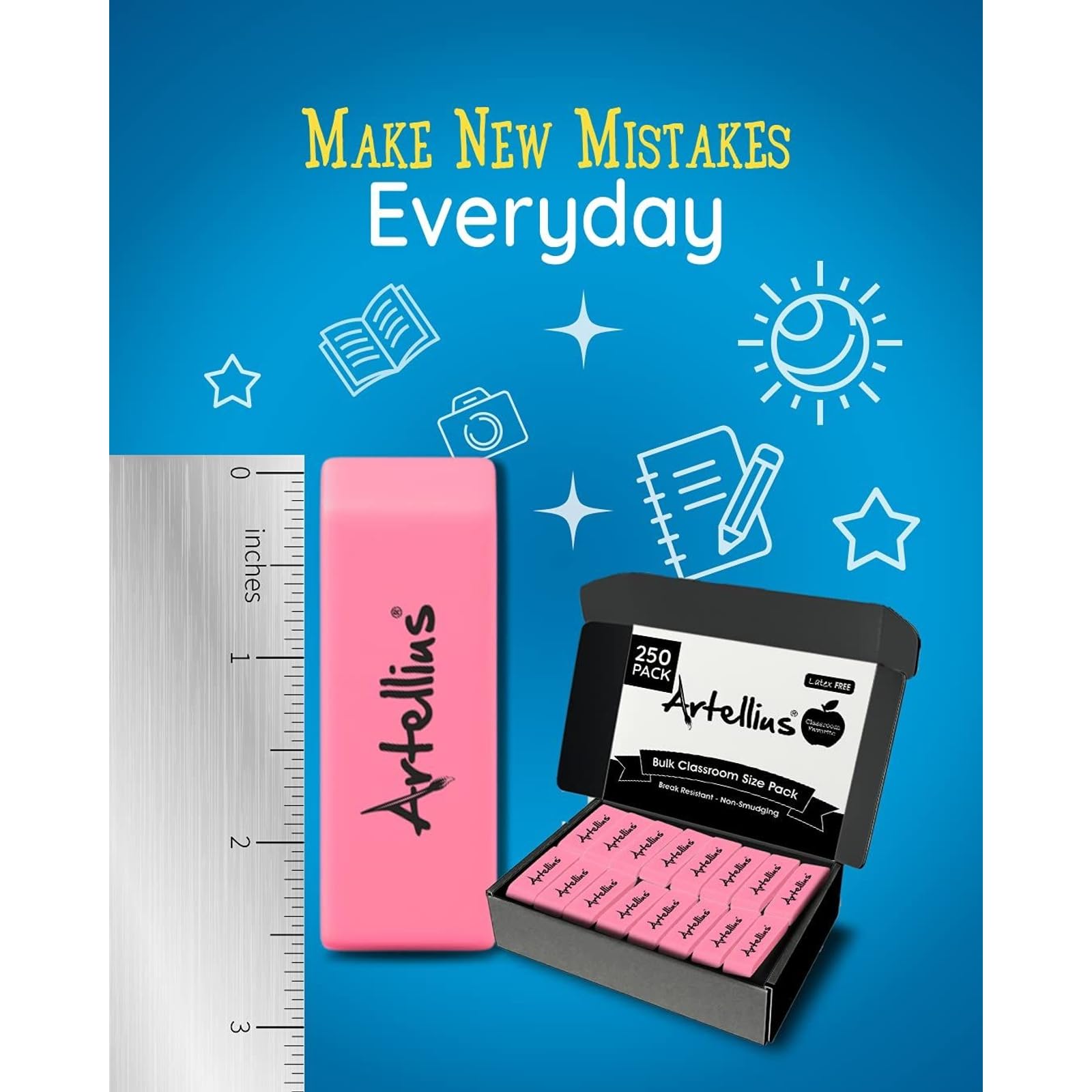 Artellius Pink Erasers | Latex & Smudge Free | Bulk School Supplies | Classrooms, Teachers, Homeschool, Office, Art Class | Large Size (Pack of 100)