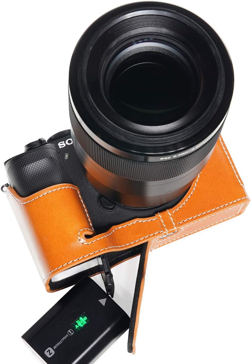 A7C Camera Case, BolinUS Handmade Genuine Real Leather Half Camera Case Bag Cover for Sony Alpha 7C A7C Camera Bottom Opening Version + Hand Strap (Yellow)