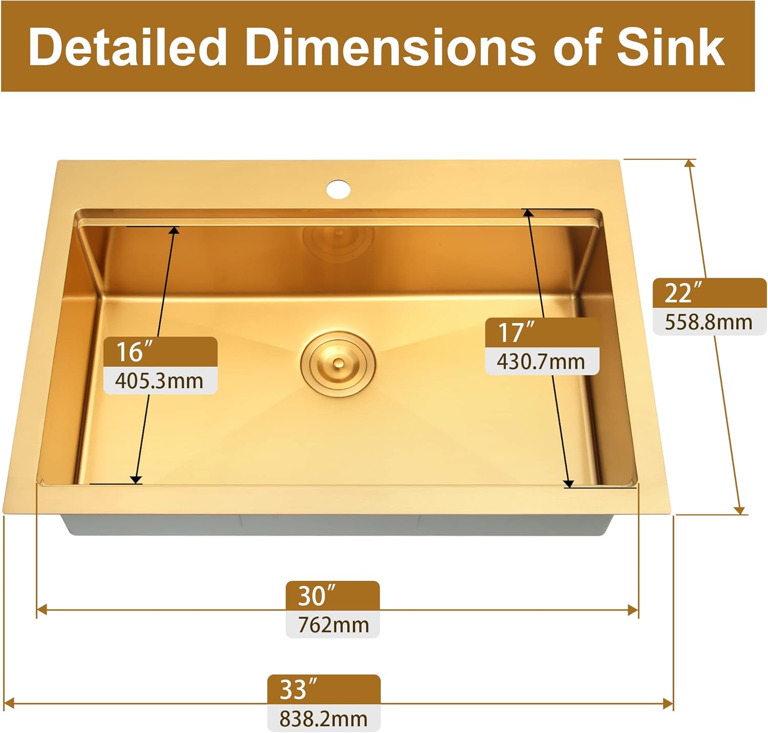 Gold Kitchen Sink, 33" x 22" Drop In Kitchen Sink,16 Gauge Stainless Steel All In One Workstation Sink with Ledge & Accessories, 33" x 22" x 10" Large and Deep Top Mount Kitchen Sinks