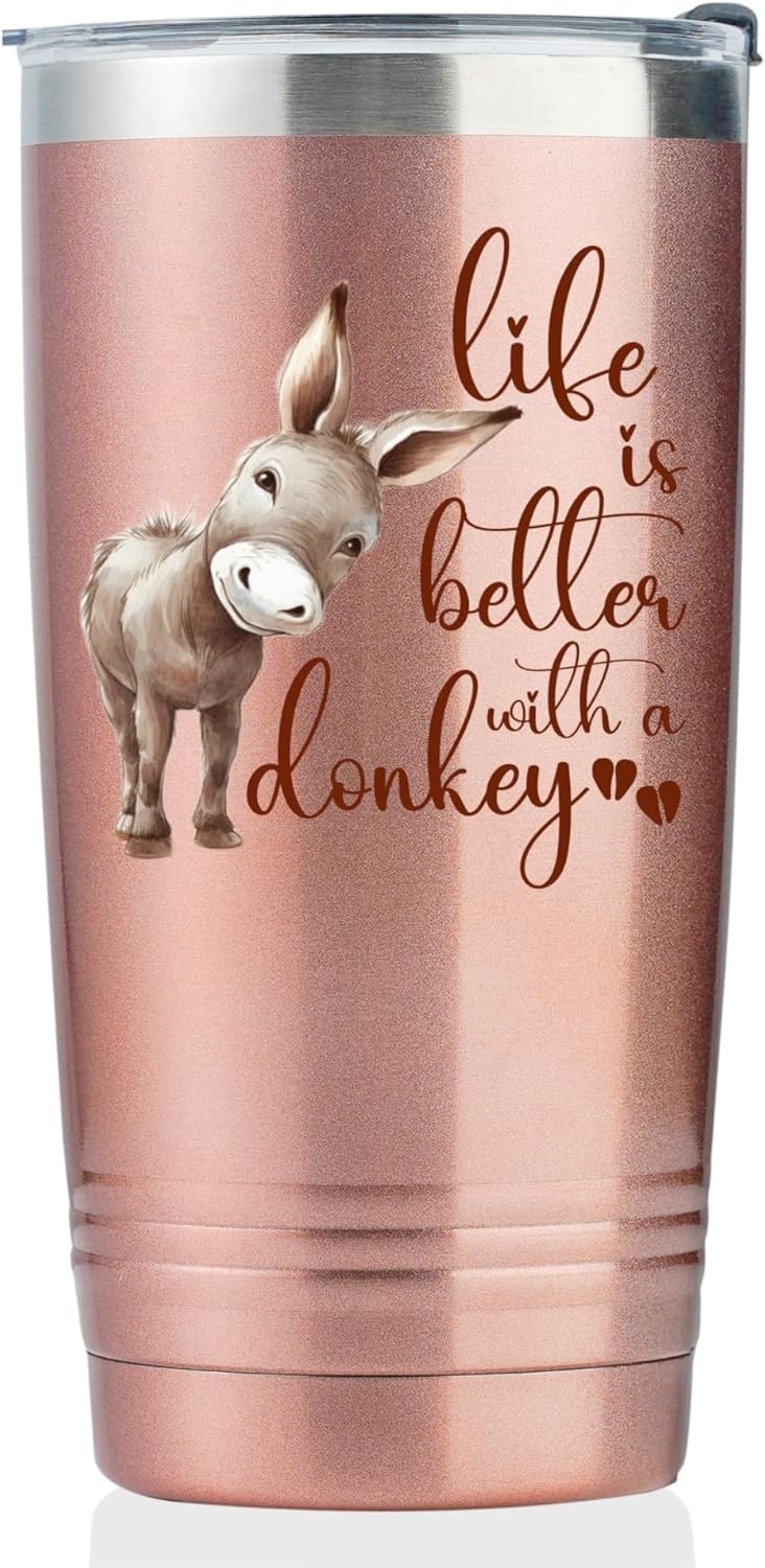 Onebttl Donkey Gifts for Women on Birthday Christmas, 20oz Stainless Steel Tumbler with Lid and Straw, Rose Gold