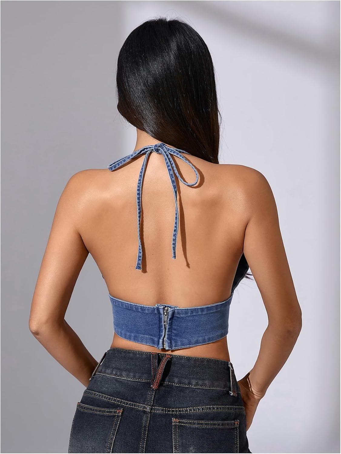 SweatyRocks Women's Denim Halter Top Sexy Tie Backless Summer Sleeveless Jean Crop Tops - Image 2