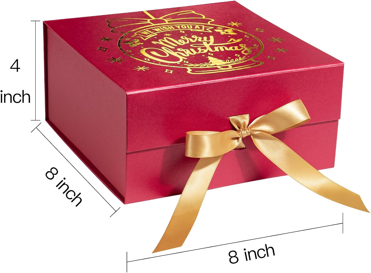 WRAPAHOLIC Christmas Eve Gift Box with Satin Ribbon - 8 x 8 x 4 Inches Gold Foil Red Merry Christmas Ball Collapsible Gift Box with Magnetic Closure and Tissue Paper for Xmas Holiday, Party, Celebration image 3