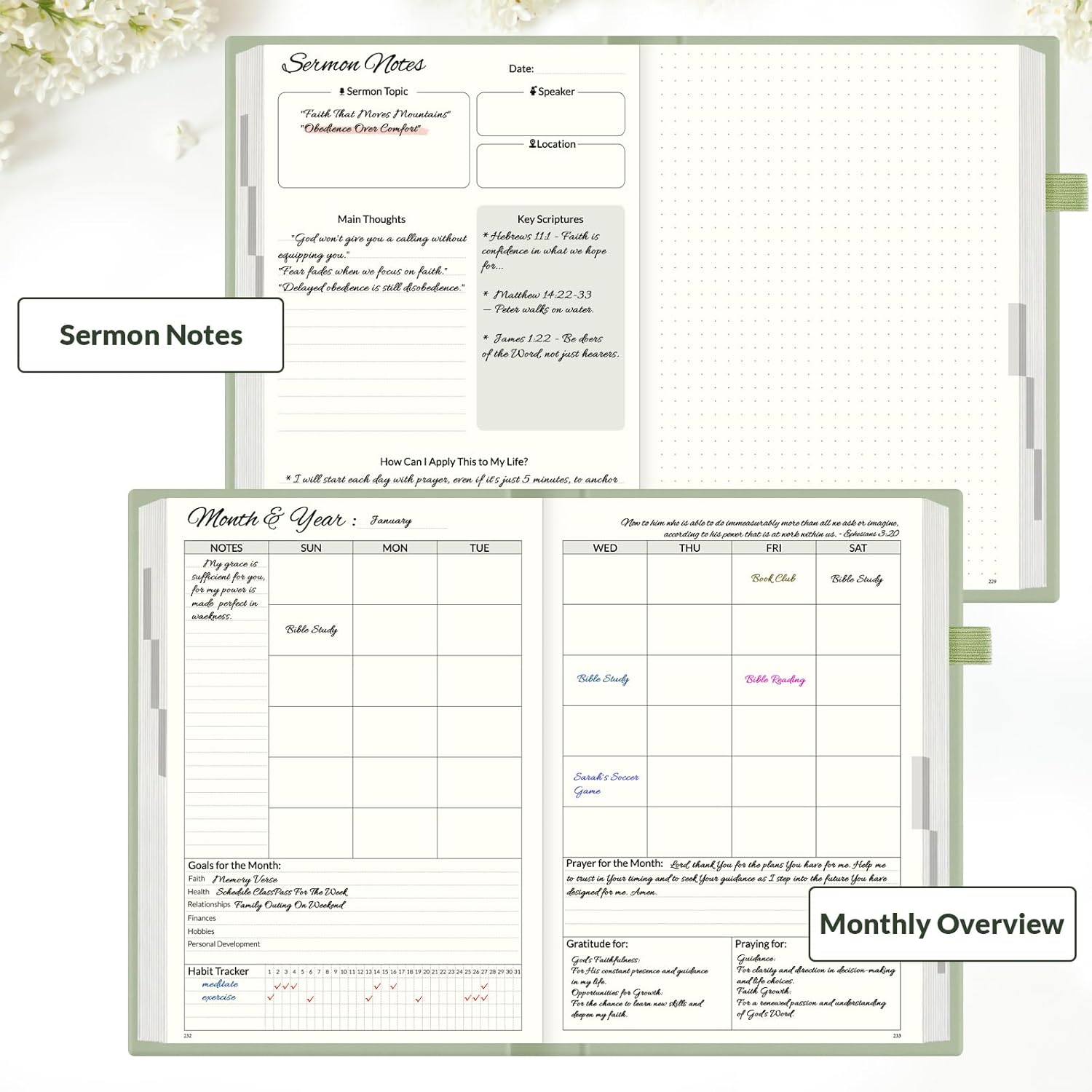 SUNEE Christian Bible Study & Prayer Journal – Undated 6-Month Scripture Notebook for Daily Devotional & Faith Growth, Meaningful Religious Gift for Women, Men, Pastor or Graduation (Grey Green)