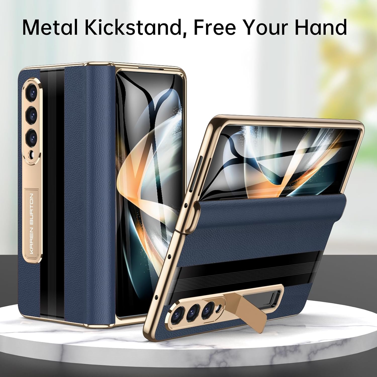 for Samsung Galaxy Z Fold 4 Phone Case [Luxury Premier Genuine Leather][Full Body Hinge Protection][Built-in Screen Protector][Kickstand Drop Proof Protective Cover] for Z Fold4 (Royal Blue)