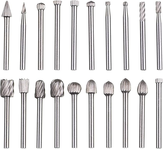 HPMAISON 20pcs Head Tungsten Carbide HSS Rotary Burr Set, Wood Carving Drill Bits Set with 3mm Shank Cutter Compatible for Dremel Rotary Tools DIY Woodworking, Carving, Engraving, Drilling