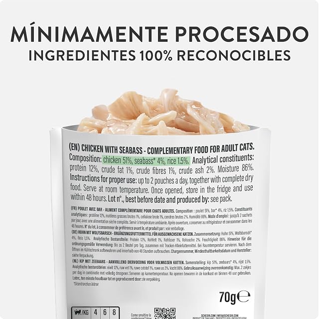 Foto 3 de 8 de Schesir, Filetes de Pollo con Lubina en Gelatina, Comida Húmeda Complementaria para Gatos, en Bolsas