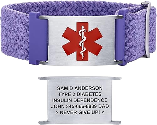 Miniatura 14 de Pulseras de alerta médica para mujeres, hombres, niñas, niños, pulsera de identificación médica personalizada con pulsera elástica trenzada