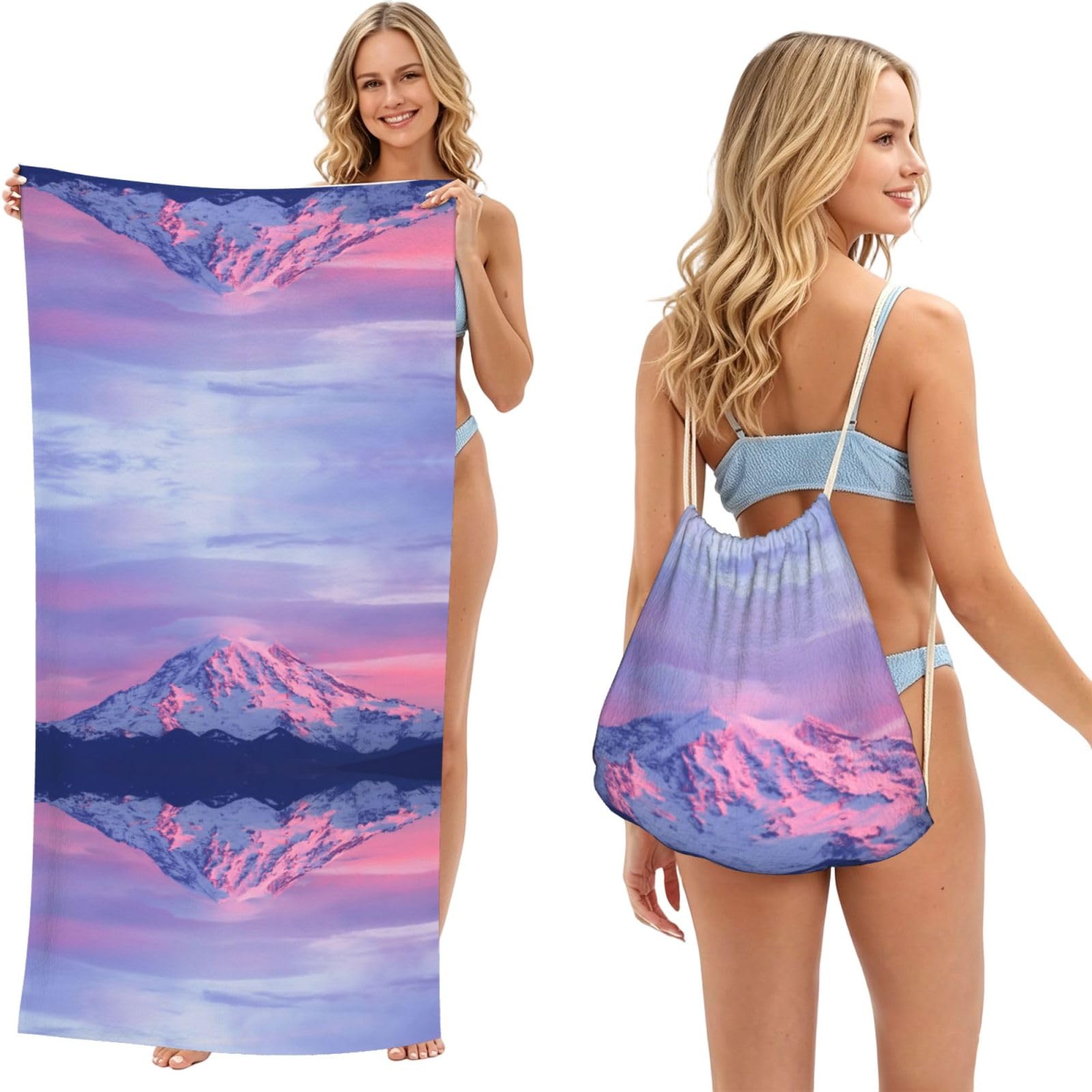 SATUSA Mount At Sunset Print 2-In-1 Foldable Beach Towel Backpack â€“ Camping, Yoga And Travel,Bath Towel With Built-In Storage, Convertible Beach Mat & Carry Bag
