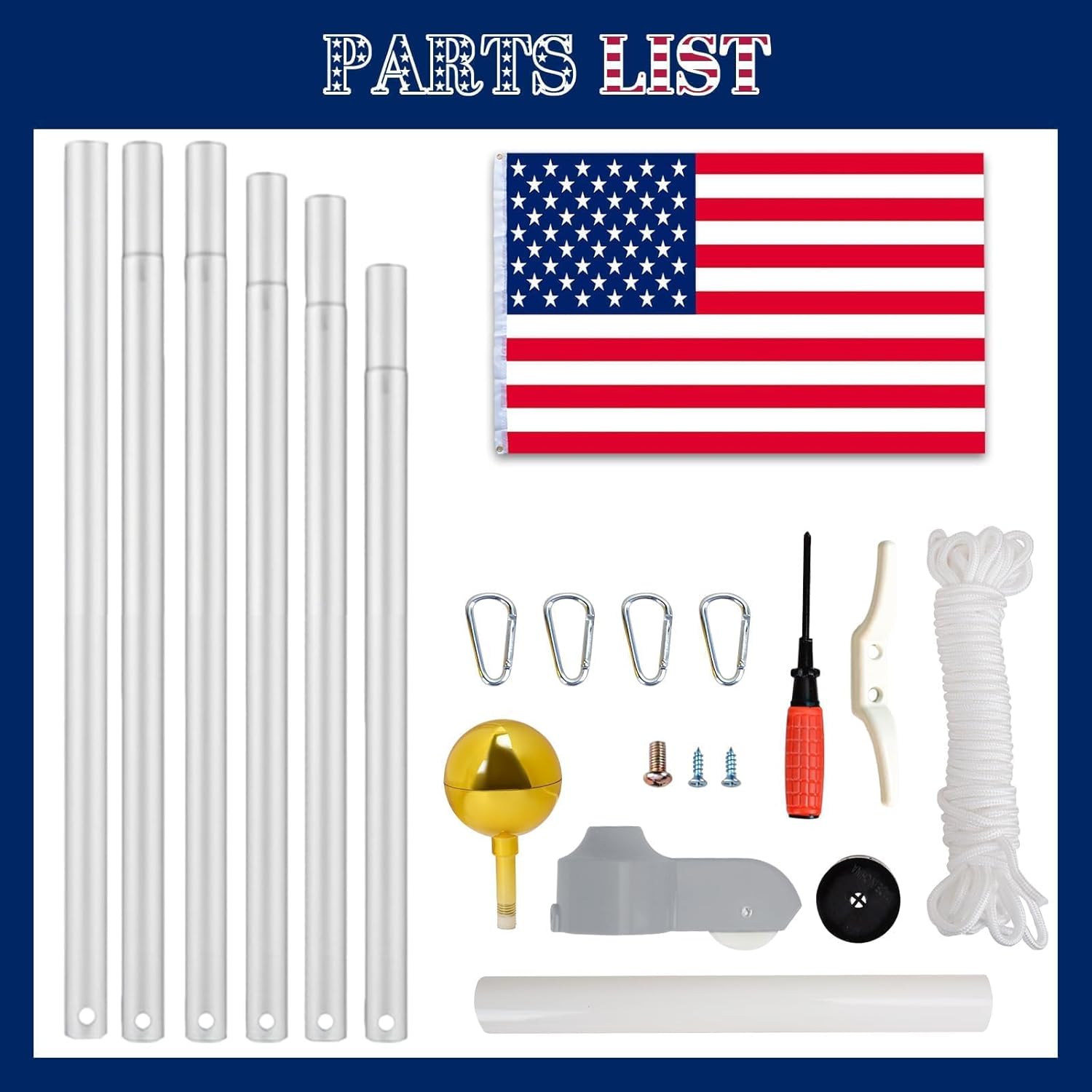 iElyiEsy 12 Gauge Heavy Duty 25FT Flag Pole with Aluminum Ball Kit - Flag Pole Aluminum Set with Gold Ball Finial, Embroidered Flag, White Rope & Installation Tools for Residential/Commercial Use