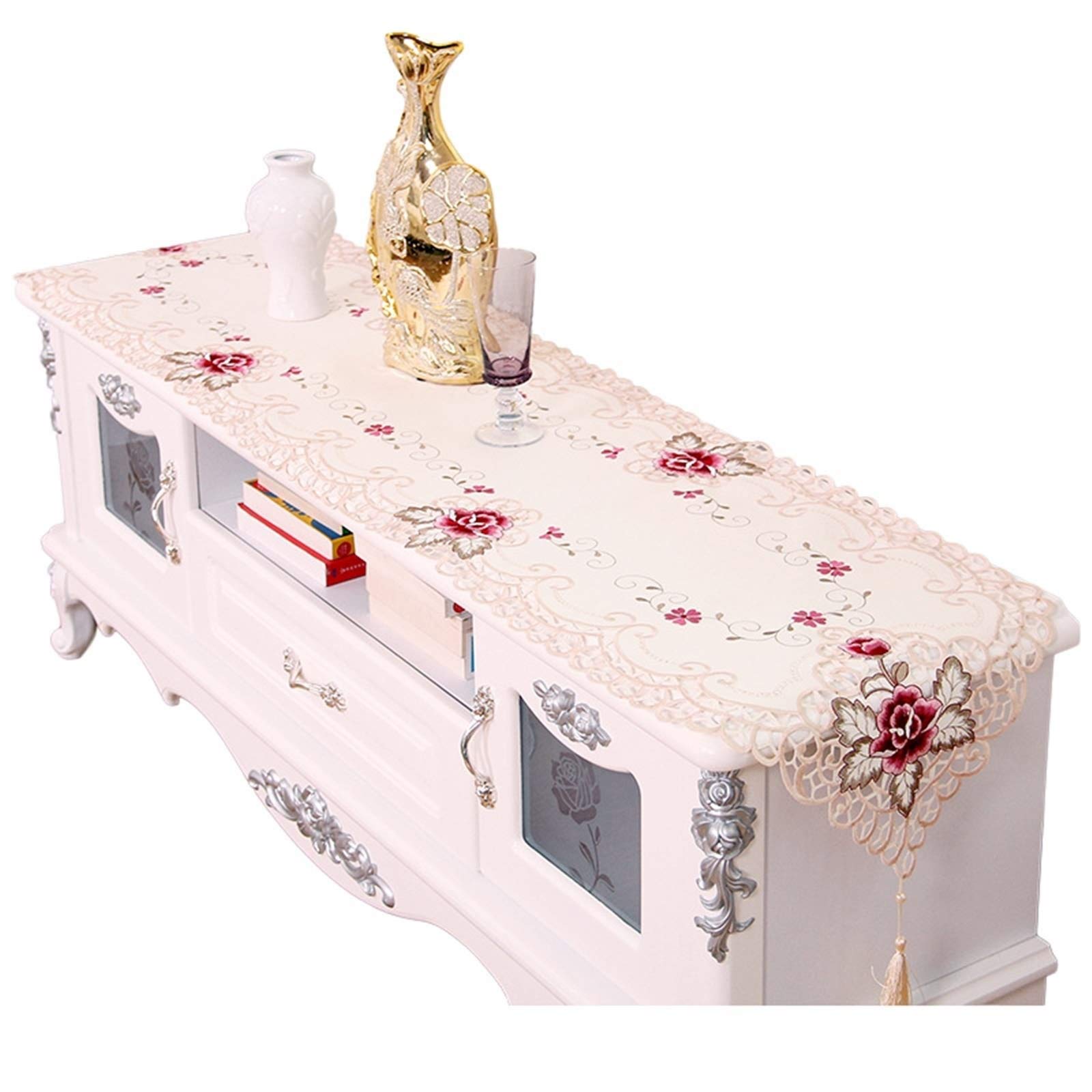 Hochzeitsdeko Tisch Blumen, Tischdeko Modern 40X230cm Polyester Beige Rosa Stickerei Blume Geburtstag Tischdeko