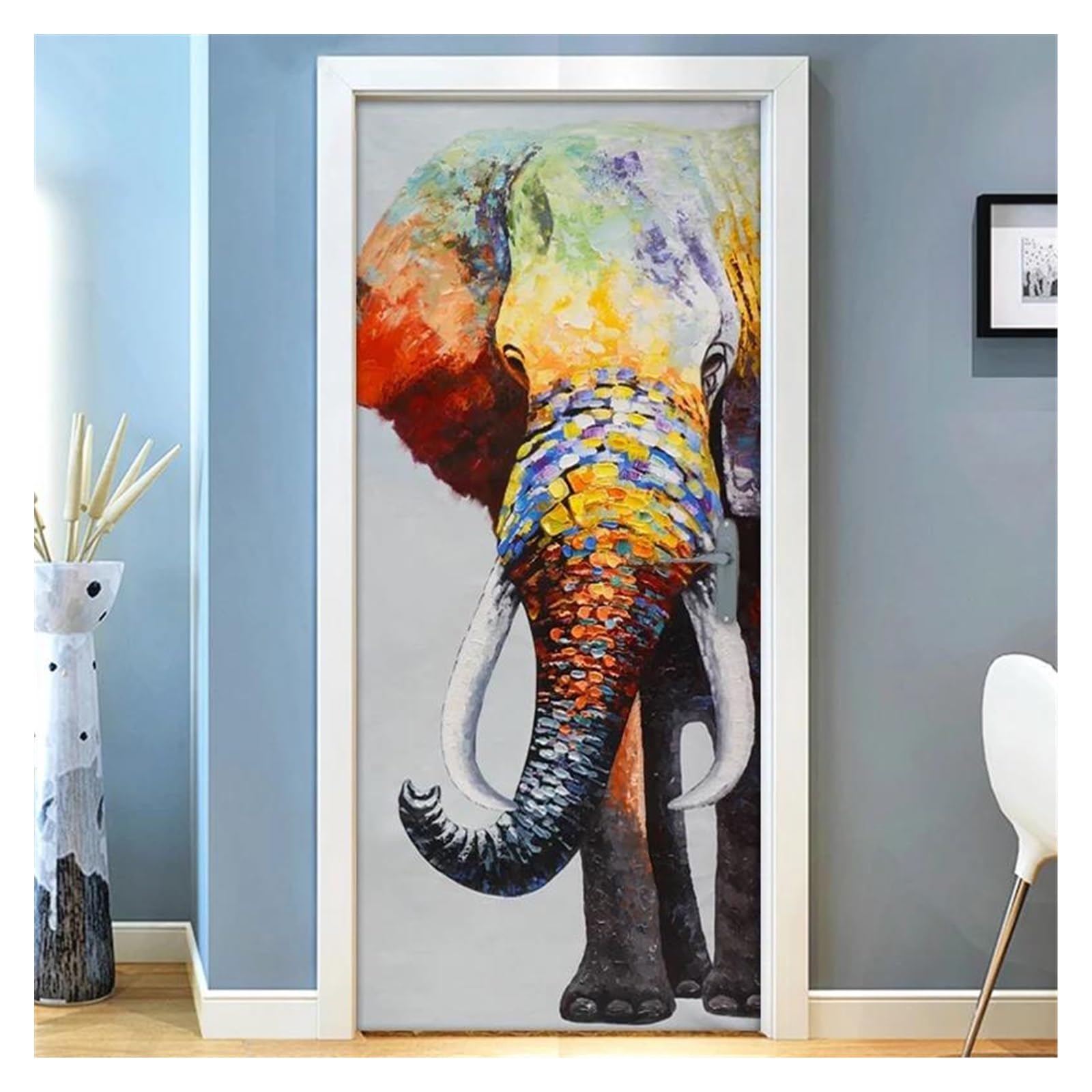 Sticker mural pour porte motif éléphant 3D, déco de salon effet trompe-l'œil coloré 95x215cm