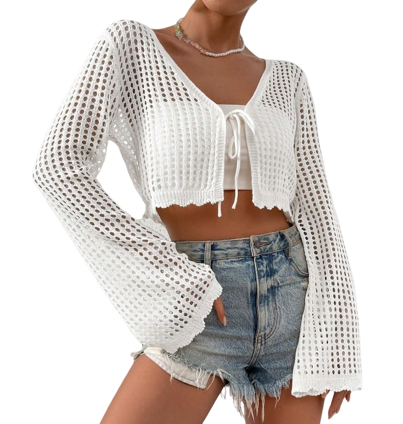 Wlldddiu Women's White Shrugs, Hollow Crochet Shrug Cardigan Tie Front Lightweight Bell Long Sleeves Cropped Bolero Jacket Knit Crop Tops Summer Beach Coverup For Dresses M