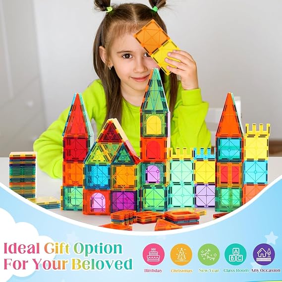 OugerToy 104PCS Magnetic Tiles STEM Building Blocks for Kids Ages 3-9, Educational Stacking Toys with Car Bases, Creative Construction Gift for Boys Girls