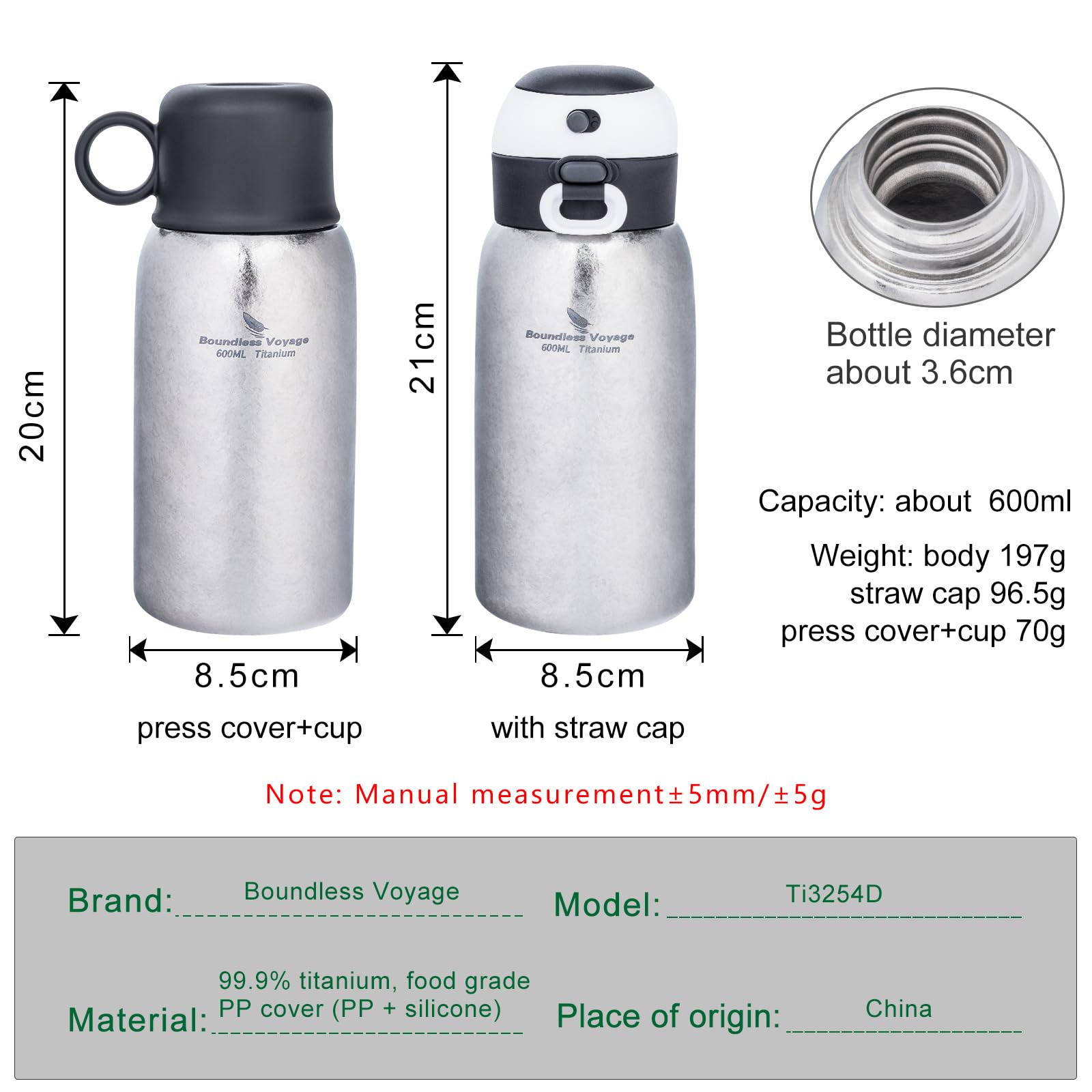 iBasingo 600ml Titan Trinkflasche Vakuum Wasserflasche Auslaufsicher Doppelwandige Kaffee Tee Flasche mit Becher & Strohhalm Leicht Halten Sie Heiß & Kalt Trinkbecher Outdoor Reisen Büro Ti3254D