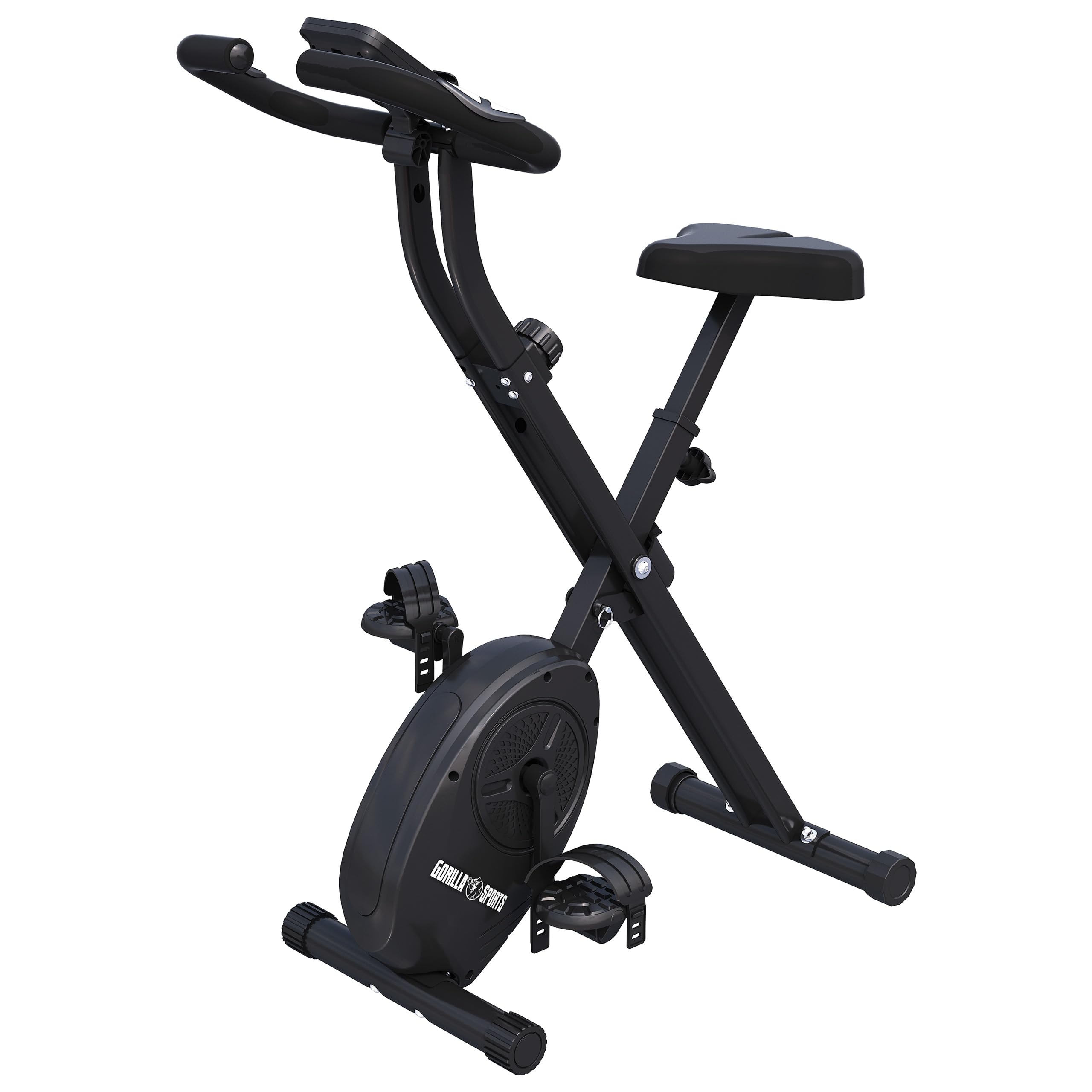 GORILLA SPORTS® Klappbarer Heimtrainer mit 8 Widerstandsstufen, bis 110 kg | X-Frame mit Magnetwiderstand, höhenverstellbarem Sattel und Bordcomputer für Distanz, Tempo, Kalorien und Puls