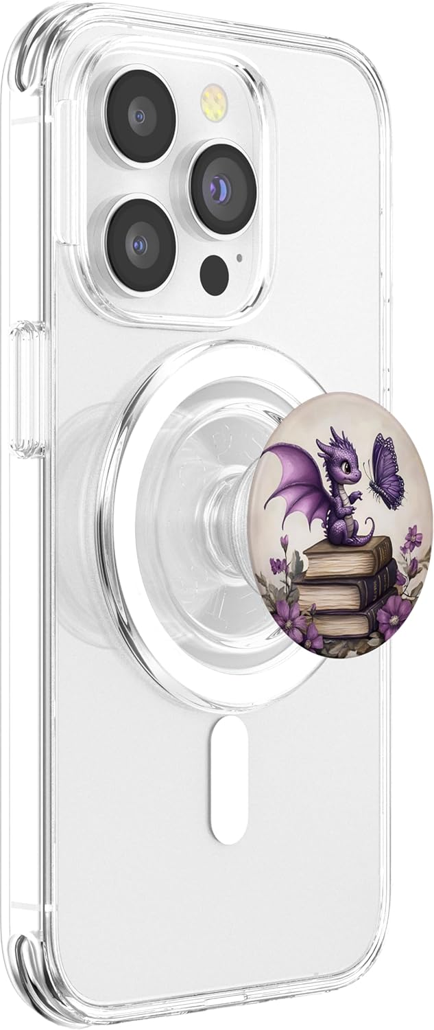 Cute Dragon Butterfly Book Themed Purple Floral Aesthetic PopSockets PopGrip for MagSafe - Image 4