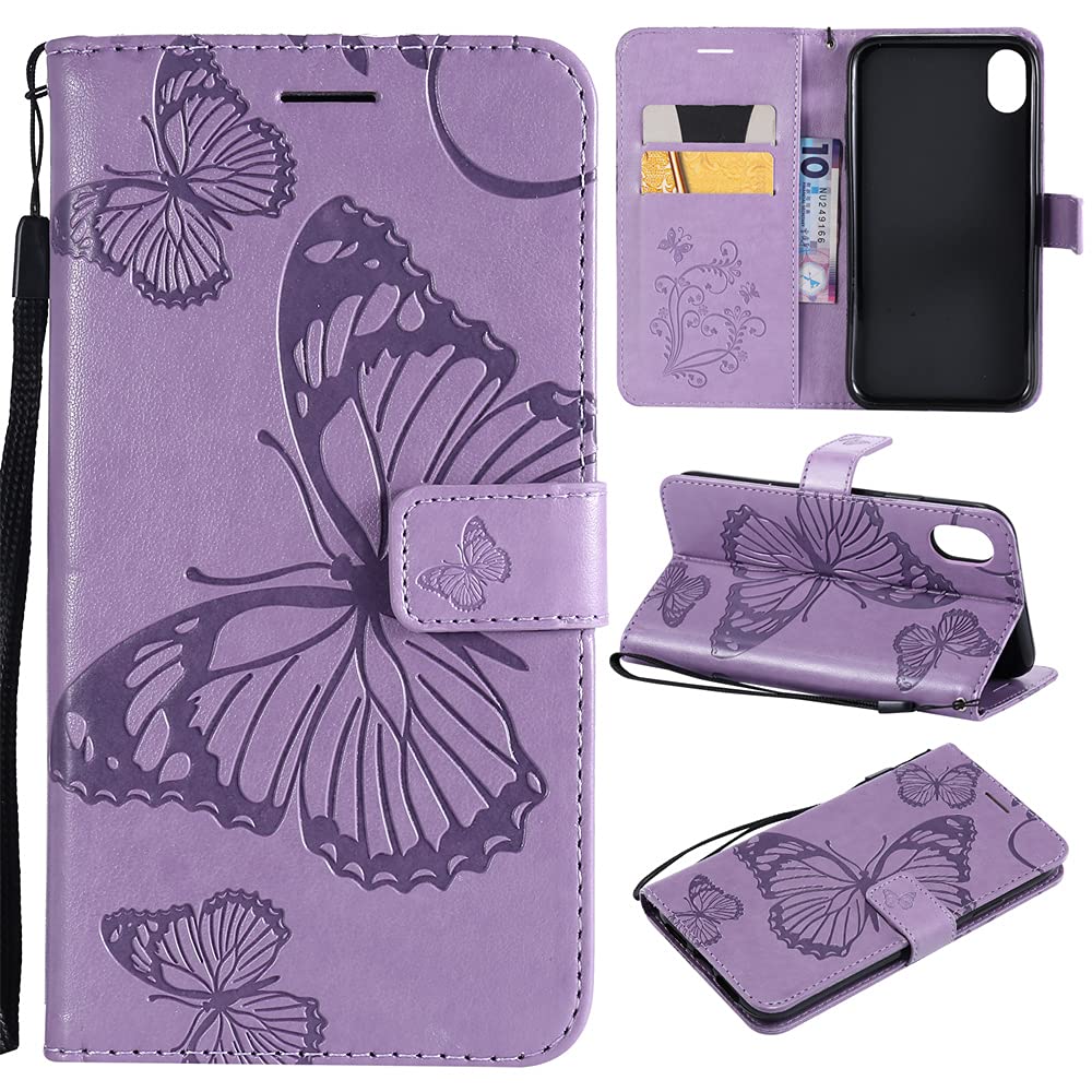 MEMAXELUS Wallet Case for iPhone Xs Max, iPhone Xs Max Phone Case with Kickstand Card Holder Slot Magnetic Flip Case Luxury PU Leather Protective Case for iPhone Xs Max 6.5 inch Butterfly Purple KT