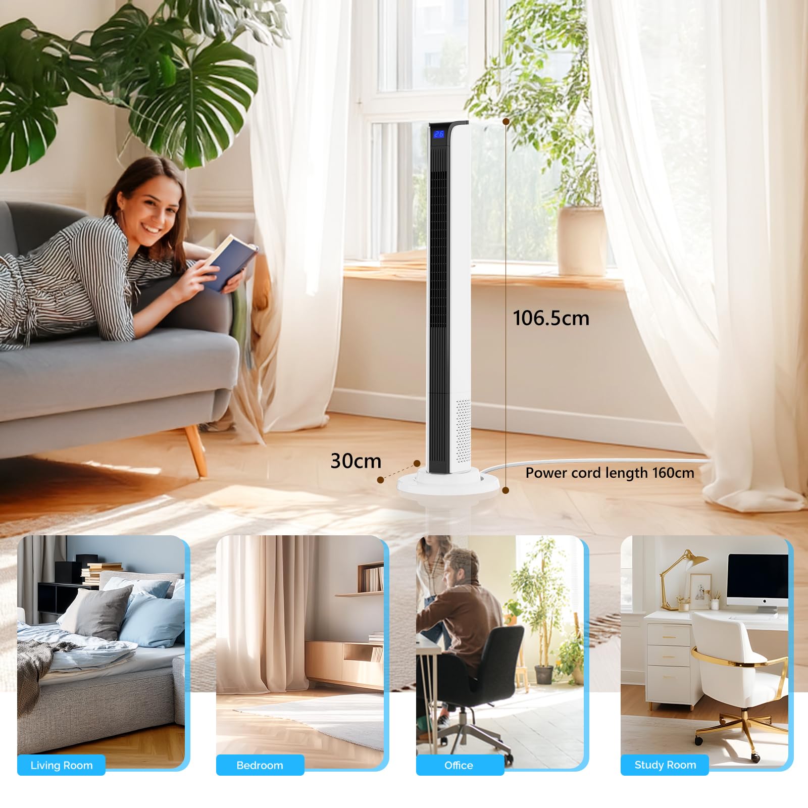 ROVSUN Ventilatore a Torre Silenzioso 40 dB, Potente 7.6 m/s, Ventilatore Colonna con Telecomando, 3 Velocità, 3 Modalità, Oscillazione 60°, Timer 12 H, Electric Fan 65 W