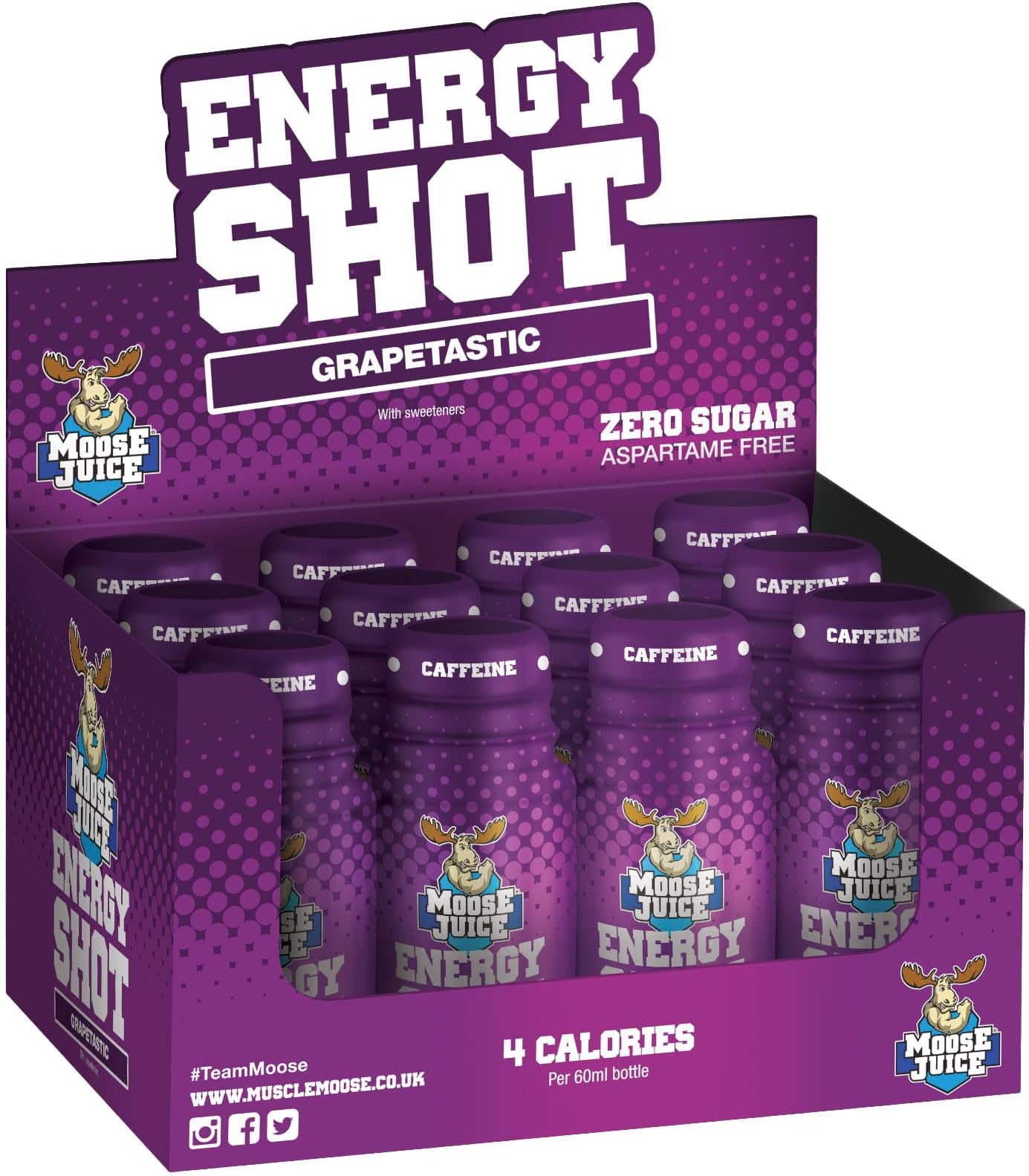 Moose Juice Energy Shots | Caffeine Drink, BCAA & B Vitamins, Zero Sugar, Aspartame-free, Grapetastic, 60ml (12 Shots)